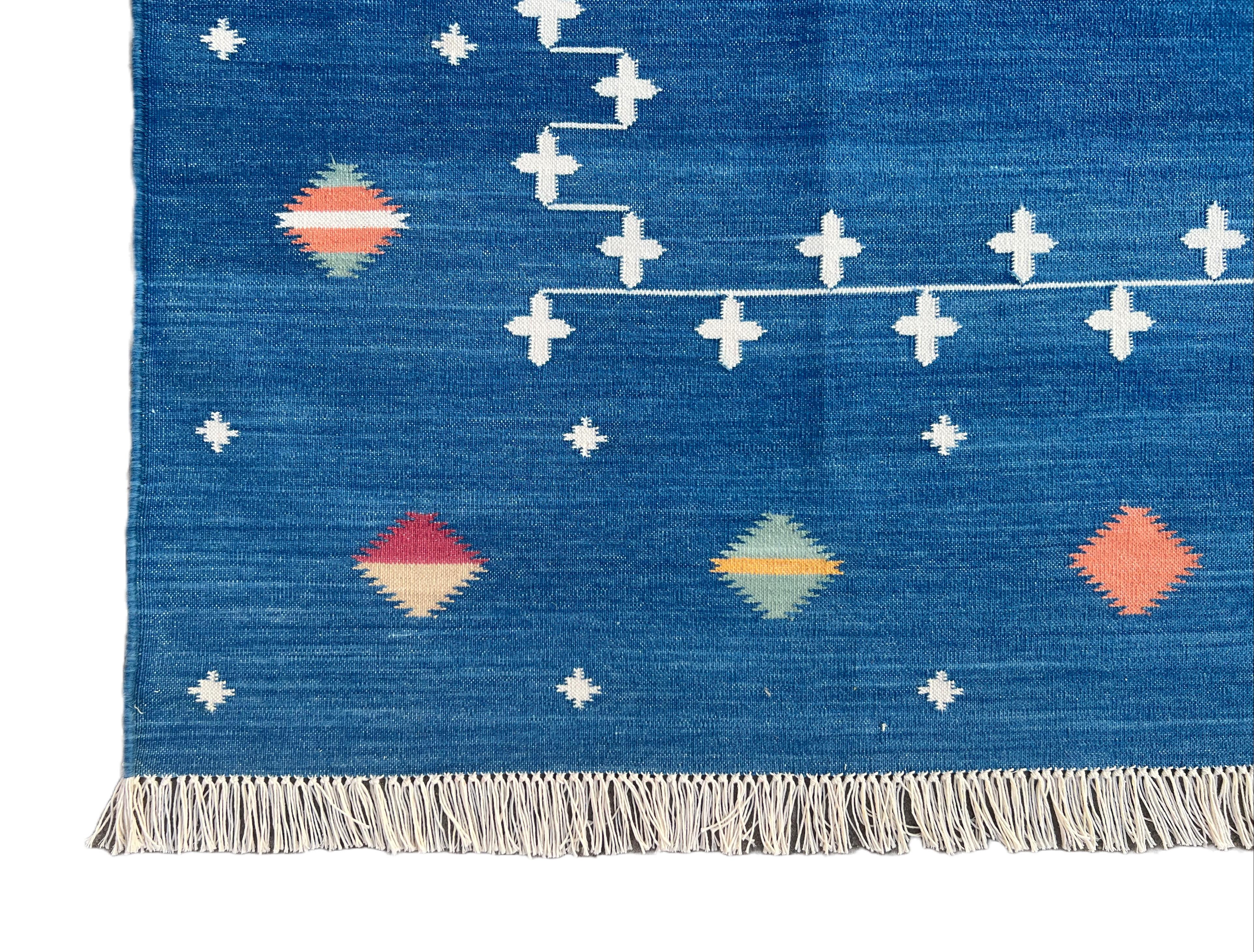 Handmade Cotton Area Flat Weave Rug, 8x10 Blue Indian Shooting Star Dhurrie Rug For Sale 3