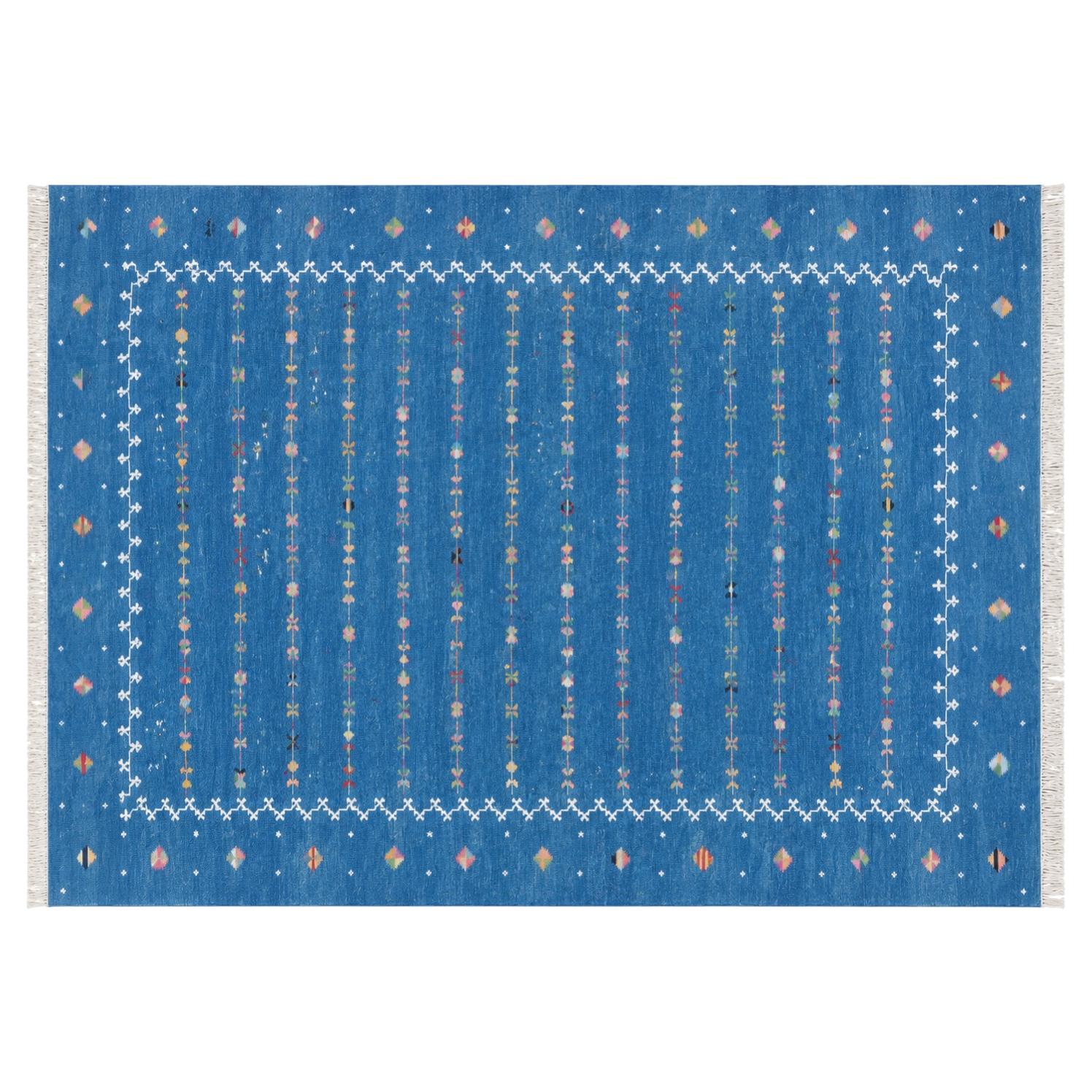 Handmade Cotton Area Flat Weave Rug, 8x10 Blue Indian Shooting Star Dhurrie Rug