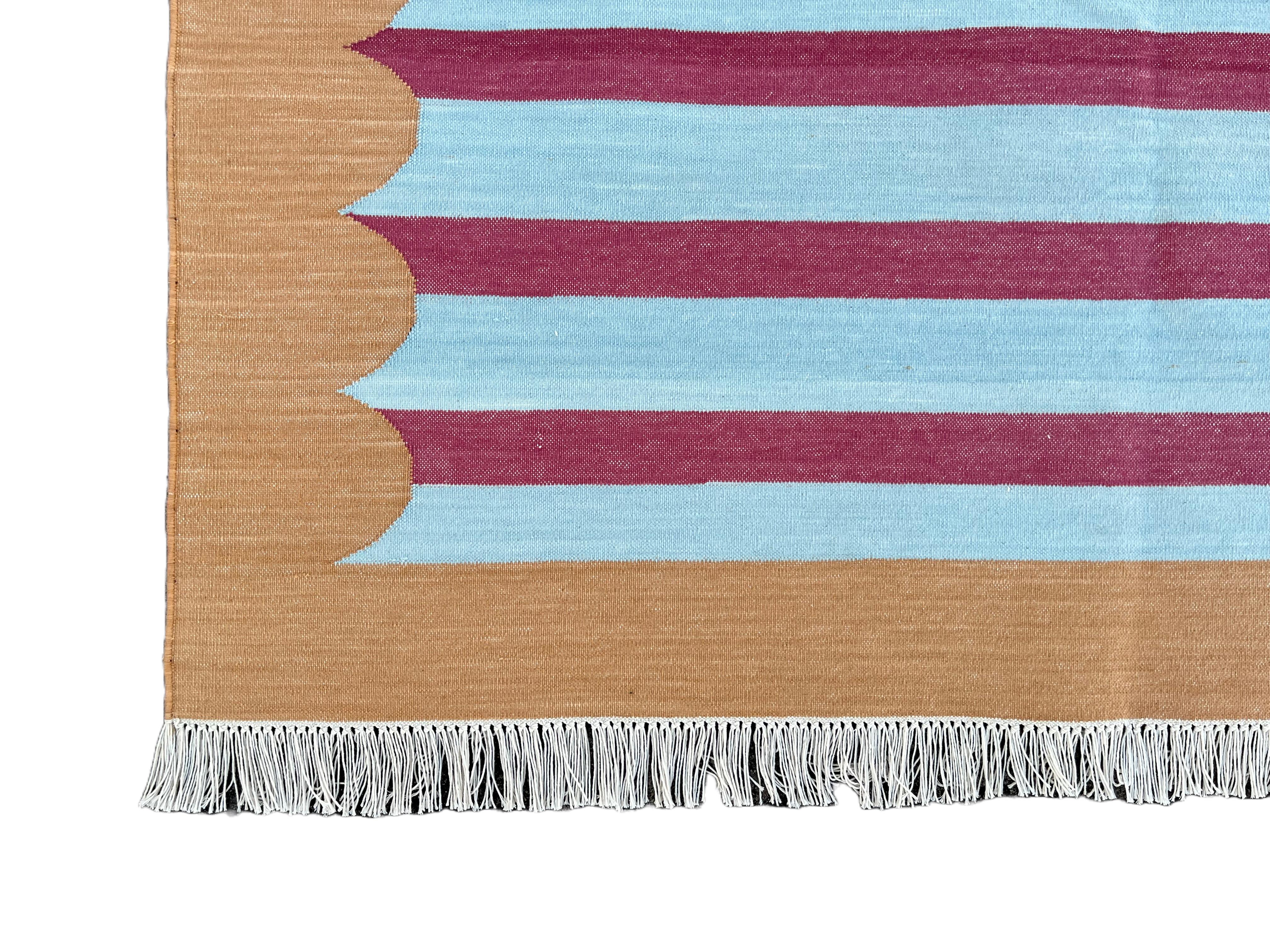 Handmade Cotton Area Flat Weave Rug, 8x10 Blue, Tan, Pink Striped Indian Dhurrie For Sale 4