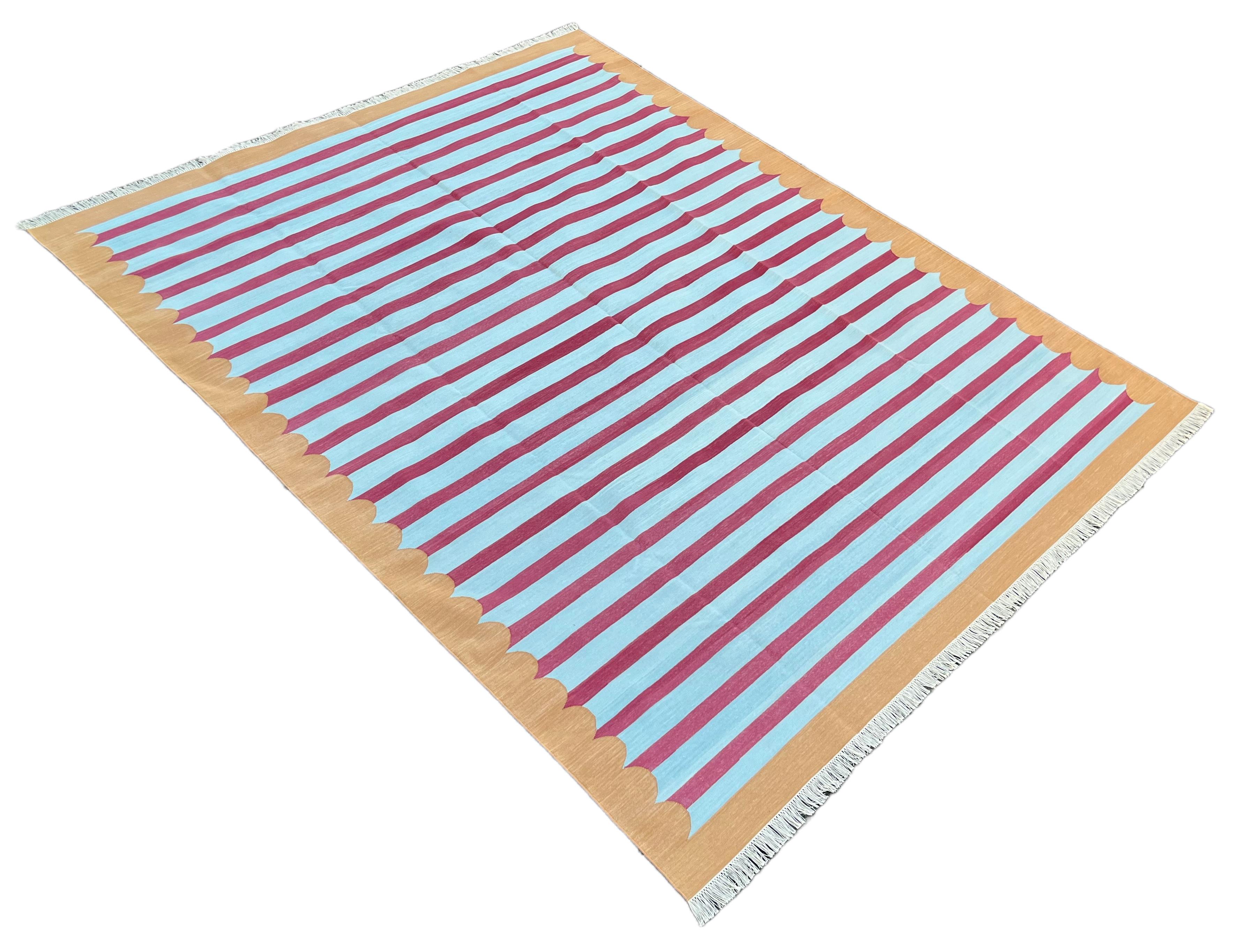 Mid-Century Modern Handmade Cotton Area Flat Weave Rug, 8x10 Blue, Tan, Pink Striped Indian Dhurrie For Sale