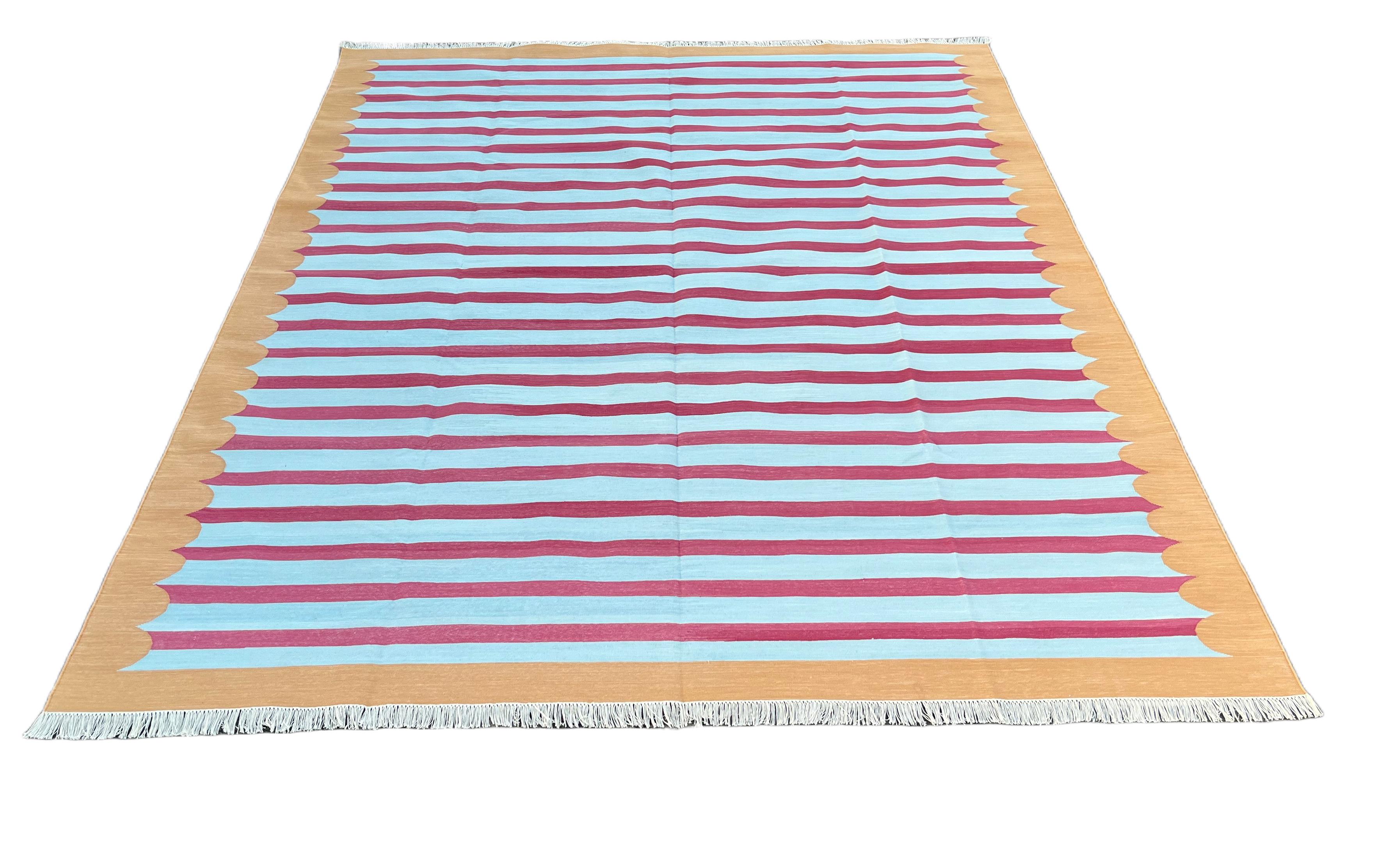 Hand-Woven Handmade Cotton Area Flat Weave Rug, 8x10 Blue, Tan, Pink Striped Indian Dhurrie For Sale