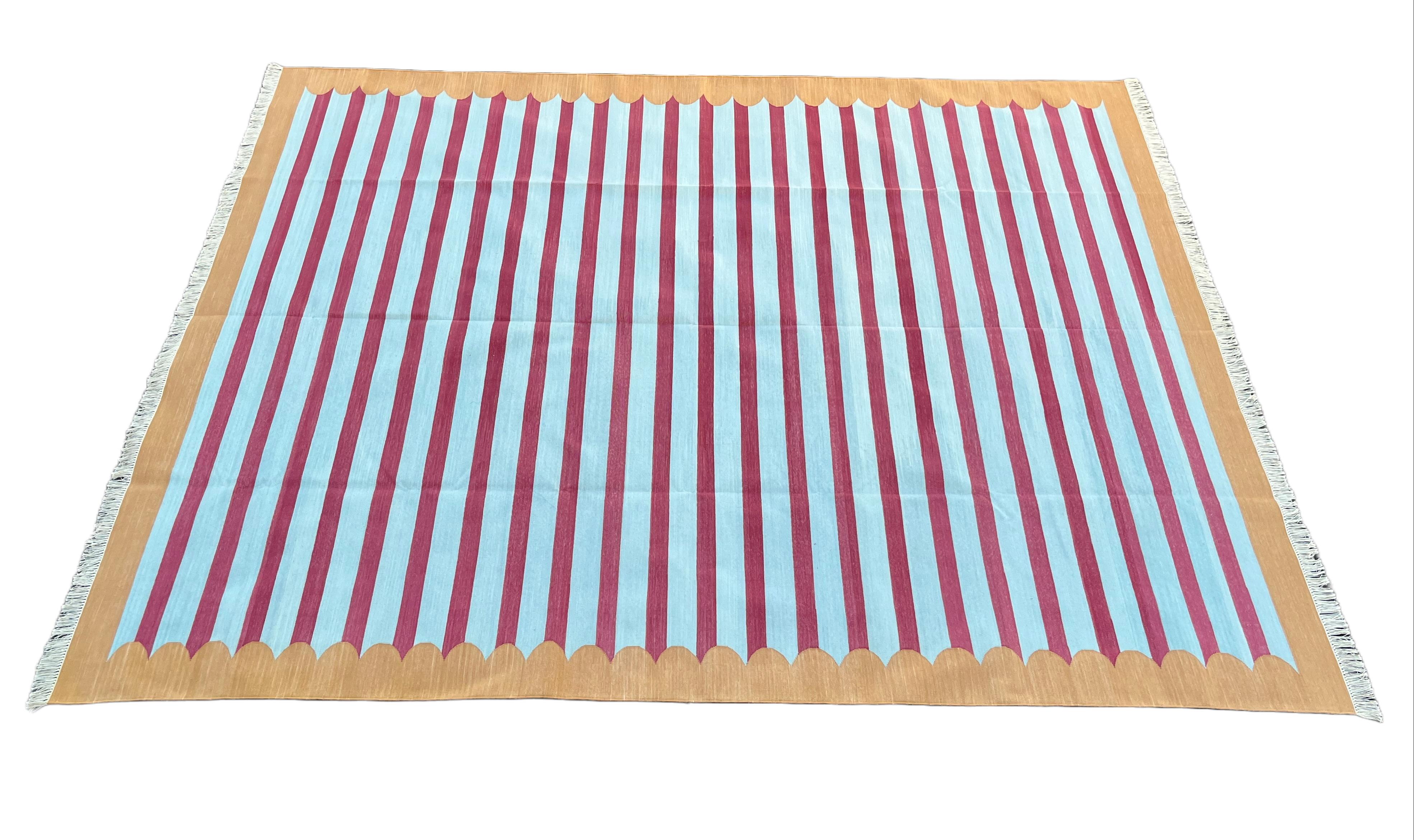 Handmade Cotton Area Flat Weave Rug, 8x10 Blue, Tan, Pink Striped Indian Dhurrie In New Condition For Sale In Jaipur, IN