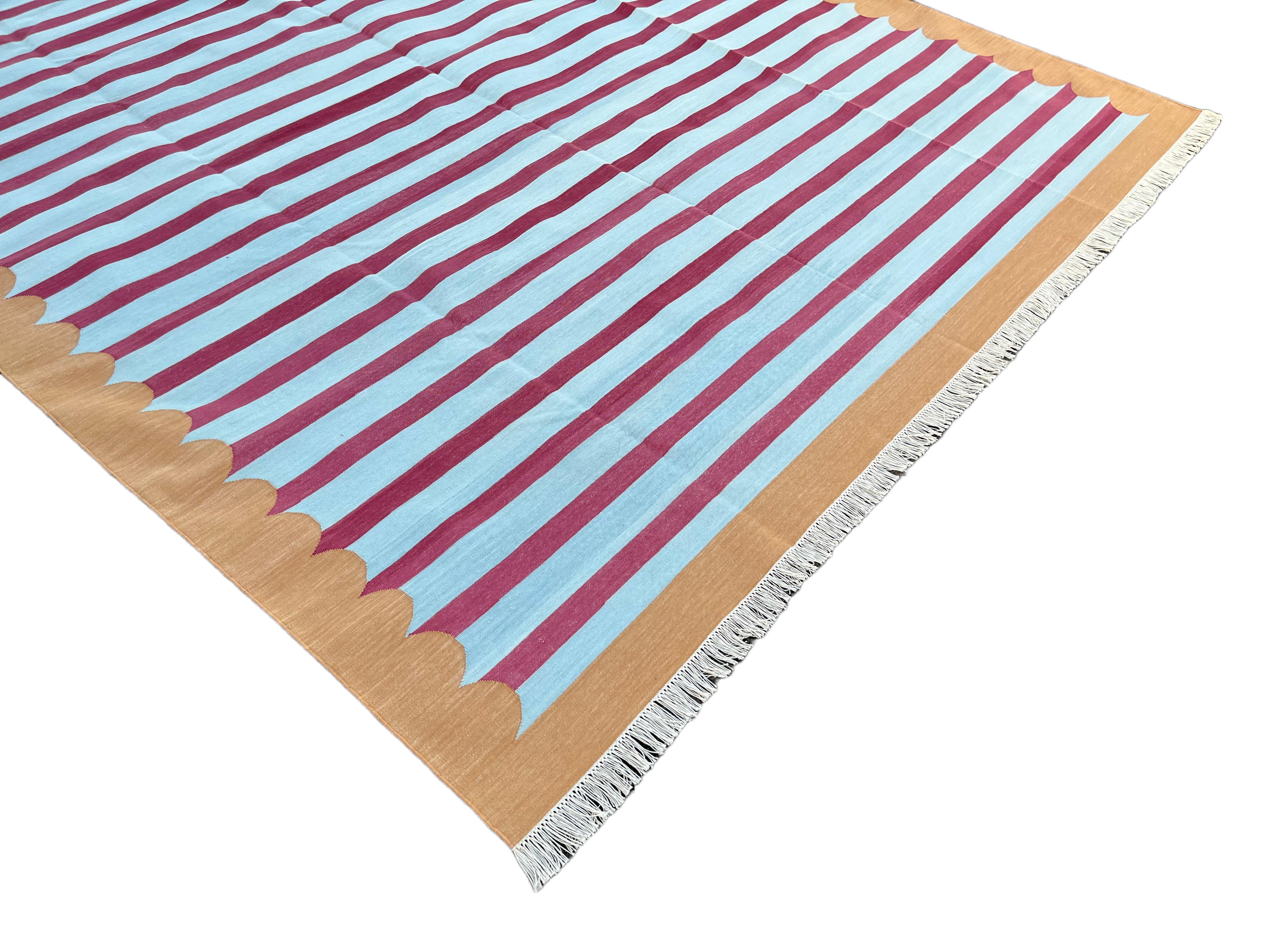 Contemporary Handmade Cotton Area Flat Weave Rug, 8x10 Blue, Tan, Pink Striped Indian Dhurrie For Sale
