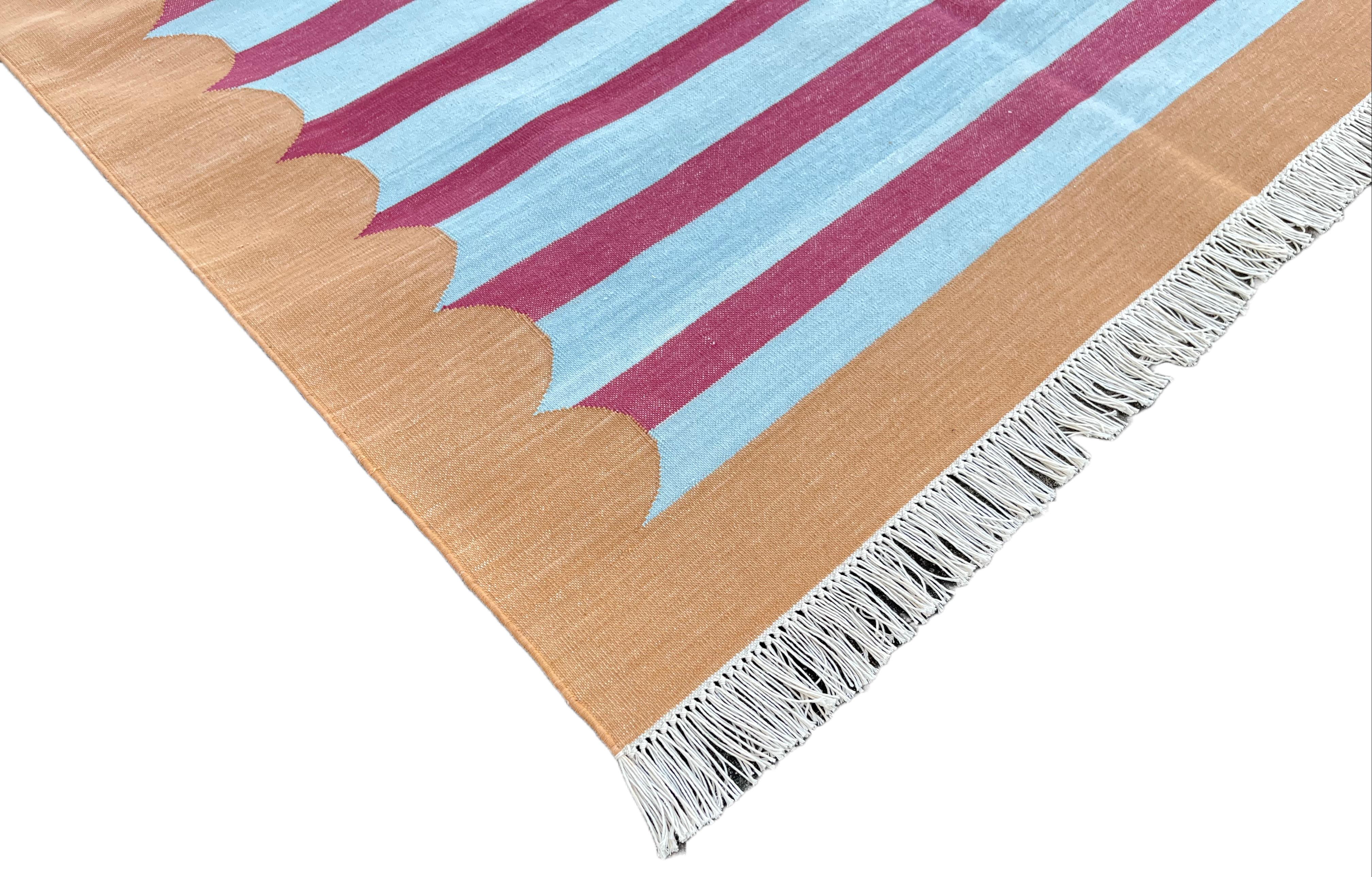 Handmade Cotton Area Flat Weave Rug, 8x10 Blue, Tan, Pink Striped Indian Dhurrie For Sale 1