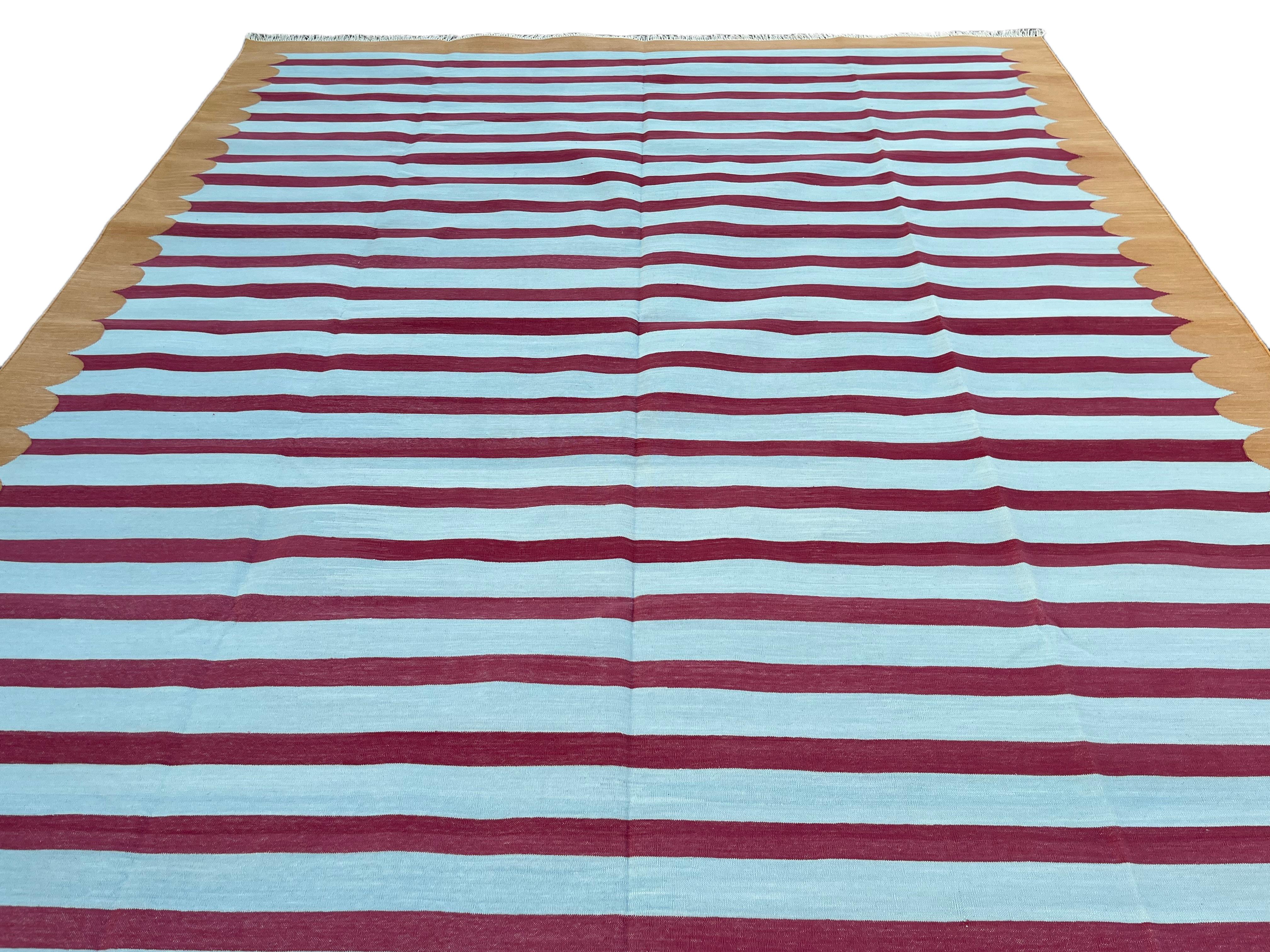 Handmade Cotton Area Flat Weave Rug, 8x10 Blue, Tan, Pink Striped Indian Dhurrie For Sale 3