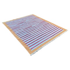 Handmade Cotton Area Flat Weave Rug, 8x10 Blue, Tan, Pink Striped Indian Dhurrie
