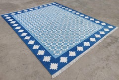 Handmade Cotton Area Flat Weave Rug, 8x10 Blue, White Geometric Indian Dhurrie