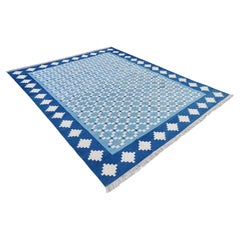 Handmade Cotton Area Flat Weave Rug, 8x10 Blue, White Geometric Indian Dhurrie
