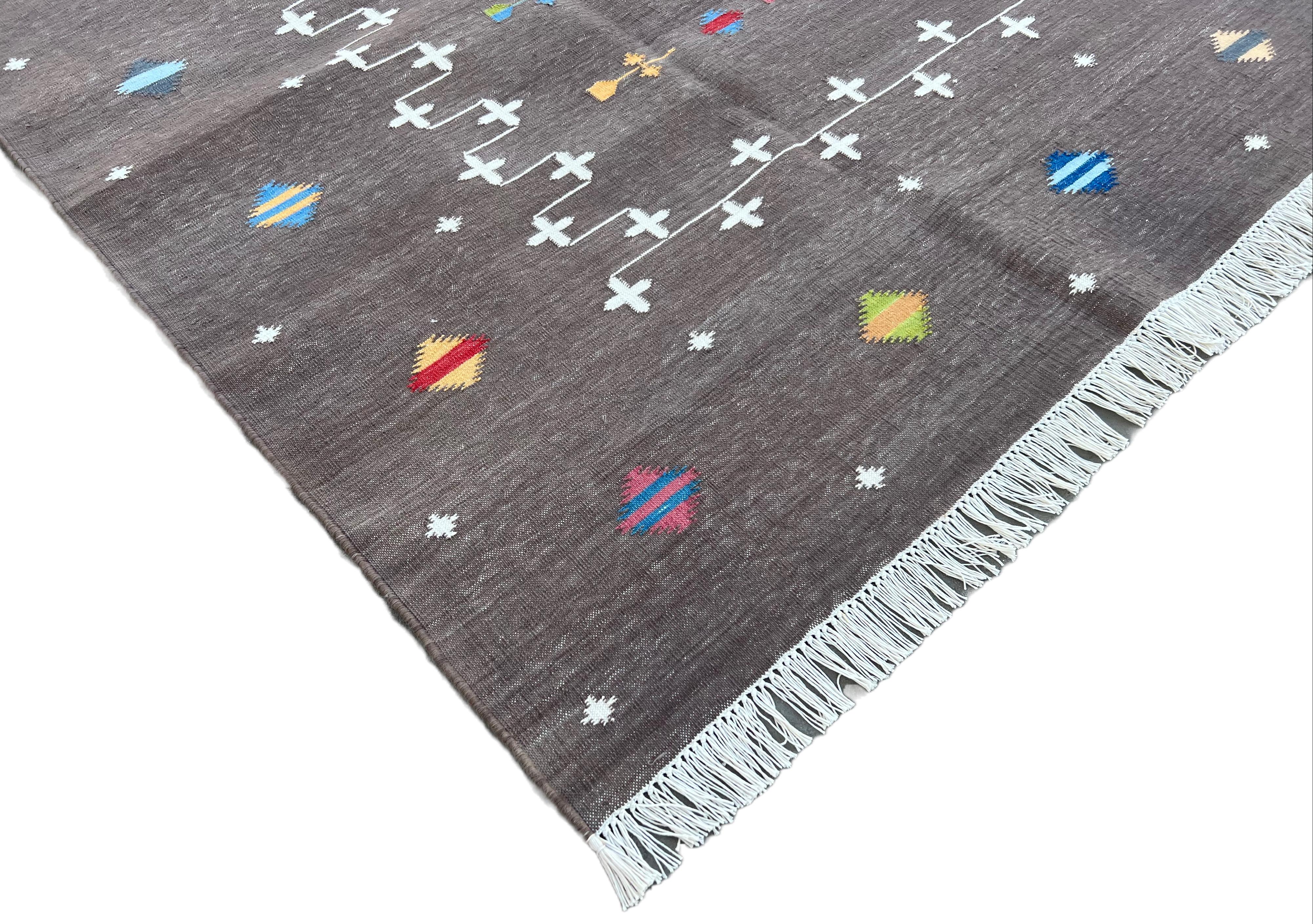 Kilim Handmade Cotton Area Flat Weave Rug, 8x10 Brown And White Shooting Star Dhurrie For Sale