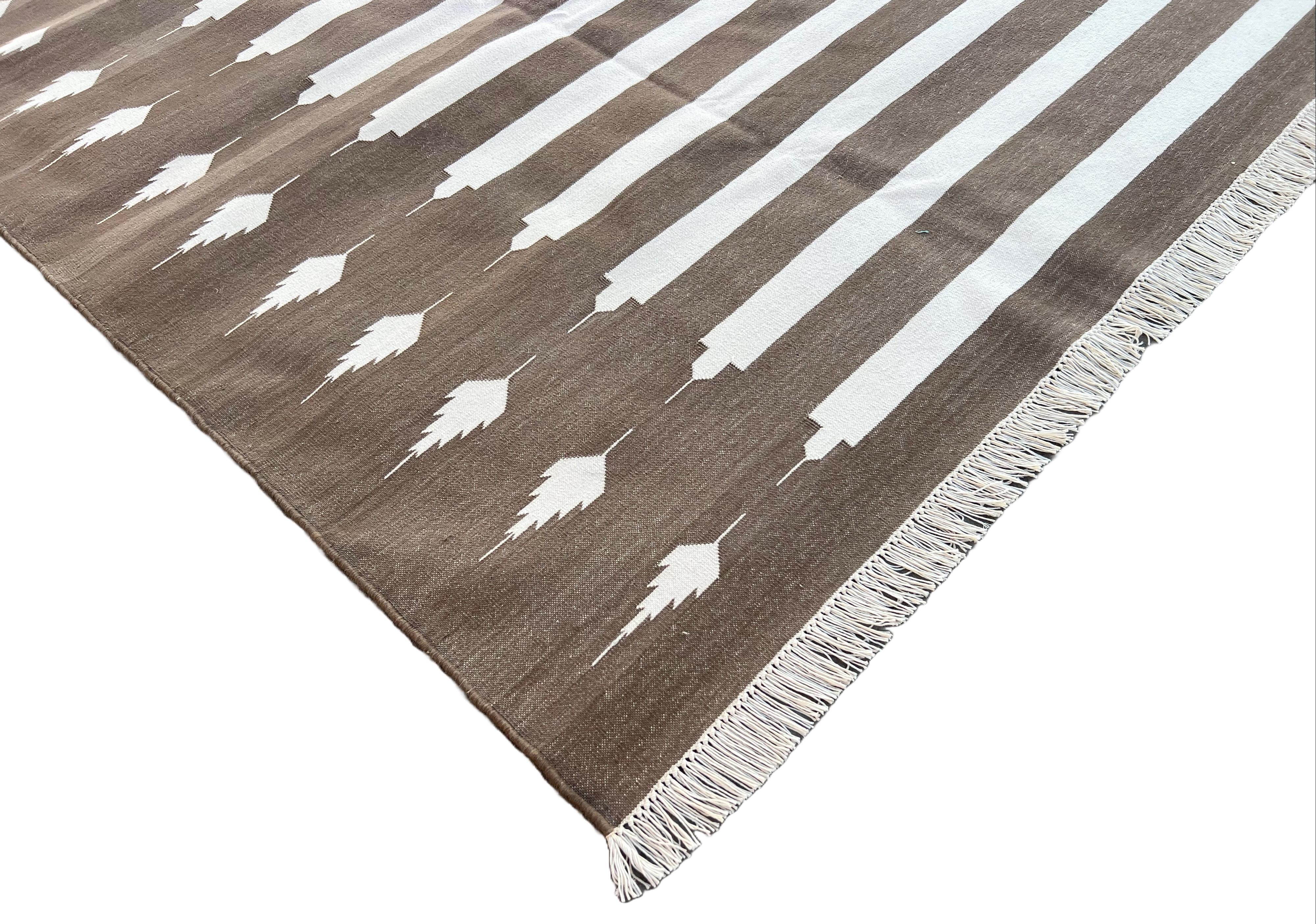 Handmade Cotton Area Flat Weave Rug, 8x10 Brown And White Striped Indian Dhurrie For Sale 4