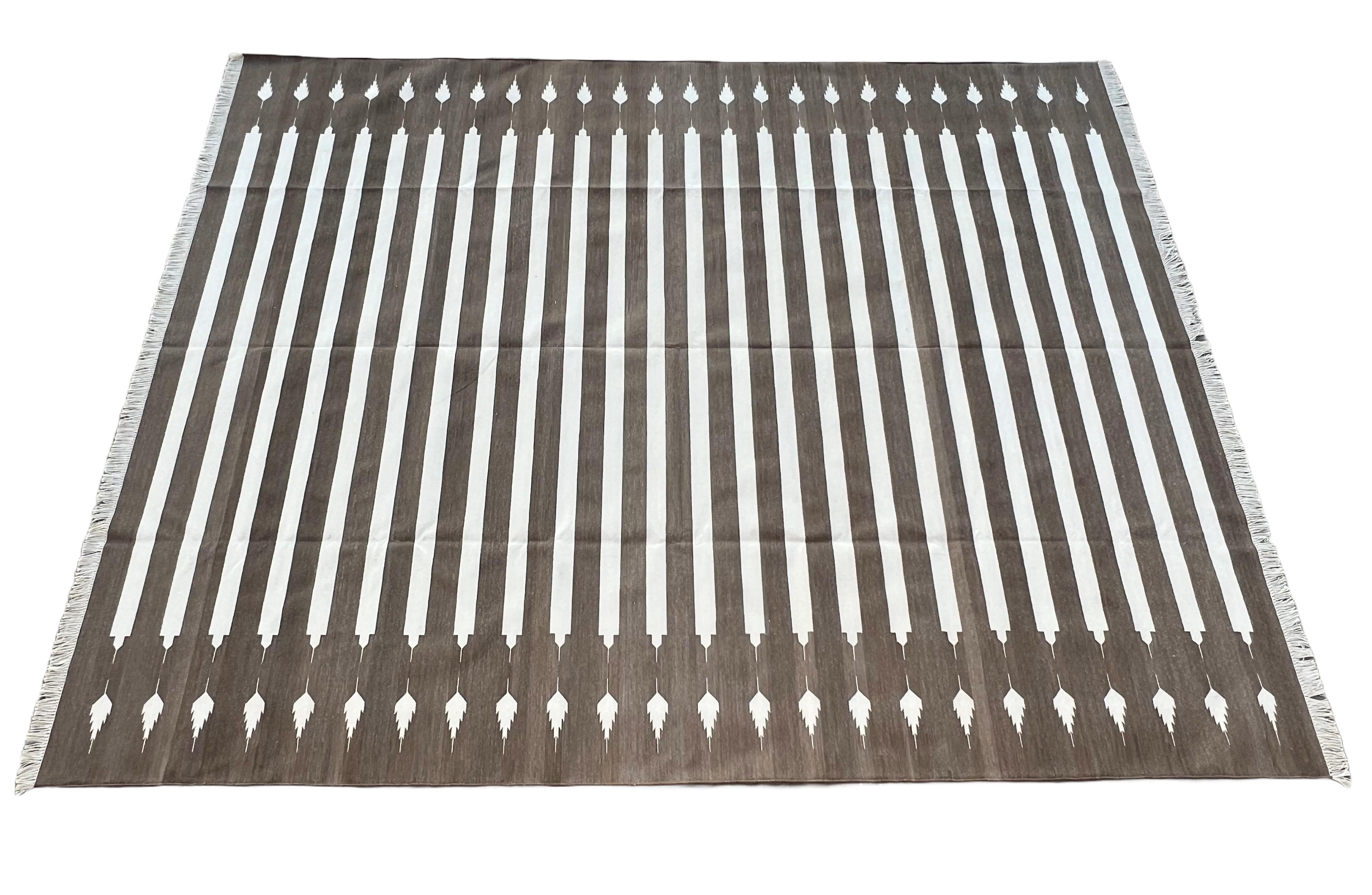 Handmade Cotton Area Flat Weave Rug, 8x10 Brown And White Striped Indian Dhurrie For Sale 5