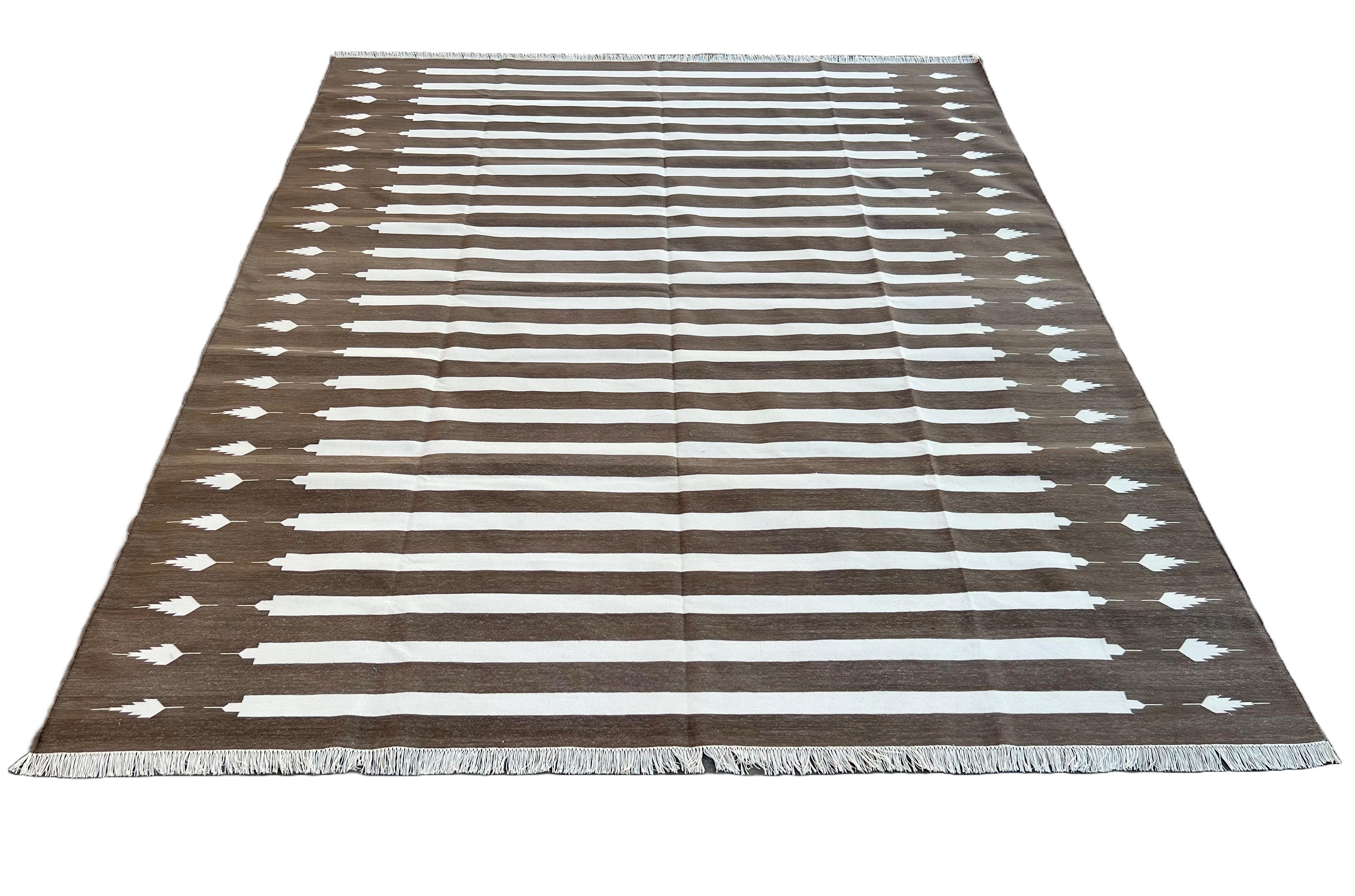 Handmade Cotton Area Flat Weave Rug, 8x10 Brown And White Striped Indian Dhurrie For Sale 1