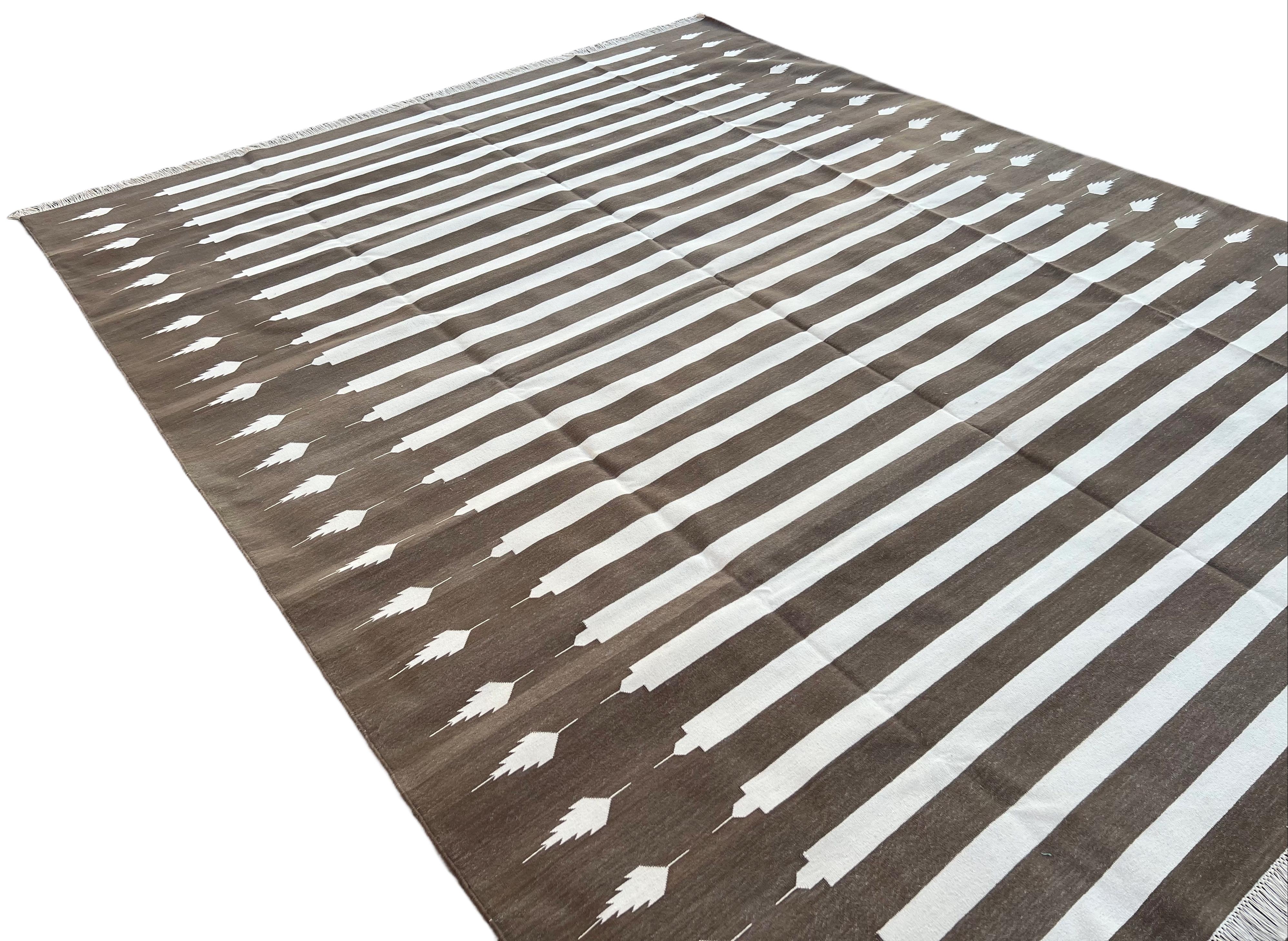 Handmade Cotton Area Flat Weave Rug, 8x10 Brown And White Striped Indian Dhurrie For Sale 2