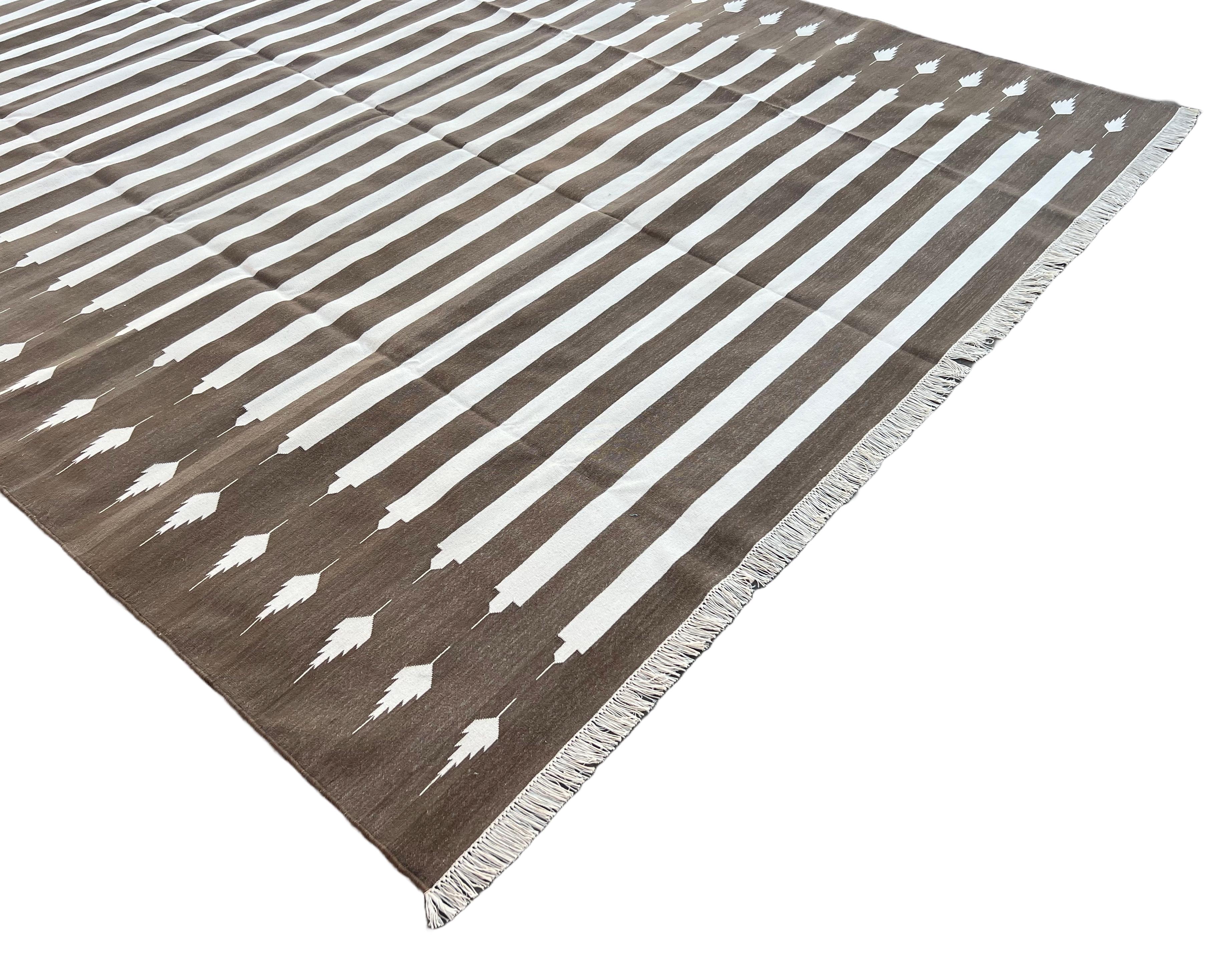 Handmade Cotton Area Flat Weave Rug, 8x10 Brown And White Striped Indian Dhurrie For Sale 3