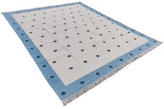 Handmade Cotton Area Flat Weave Rug, 8x10 Cream And Blue Diamond Indian Dhurrie