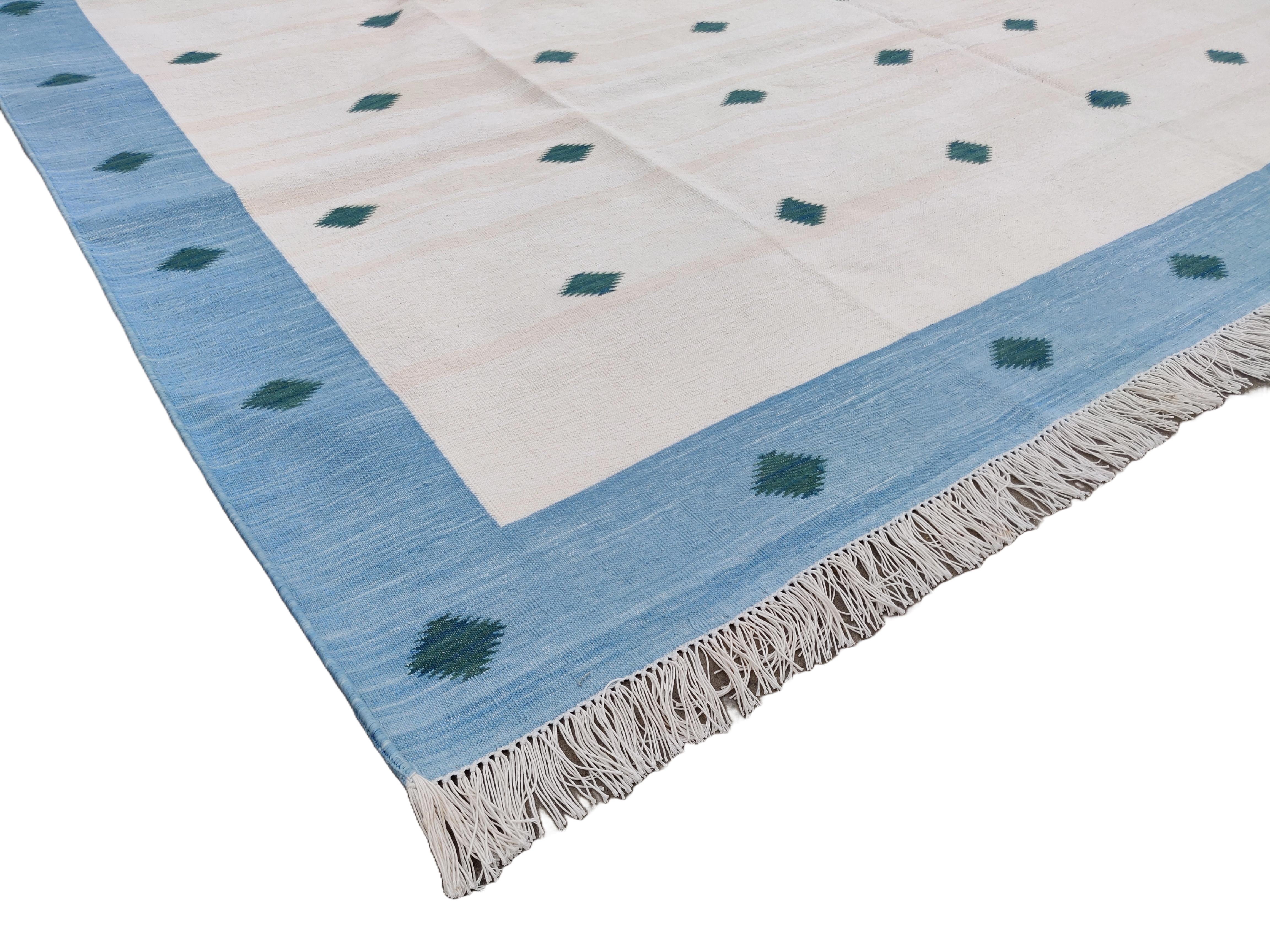 Mid-Century Modern Handmade Cotton Area Flat Weave Rug, 8x10 Cream And Blue Diamond Indian Dhurrie For Sale