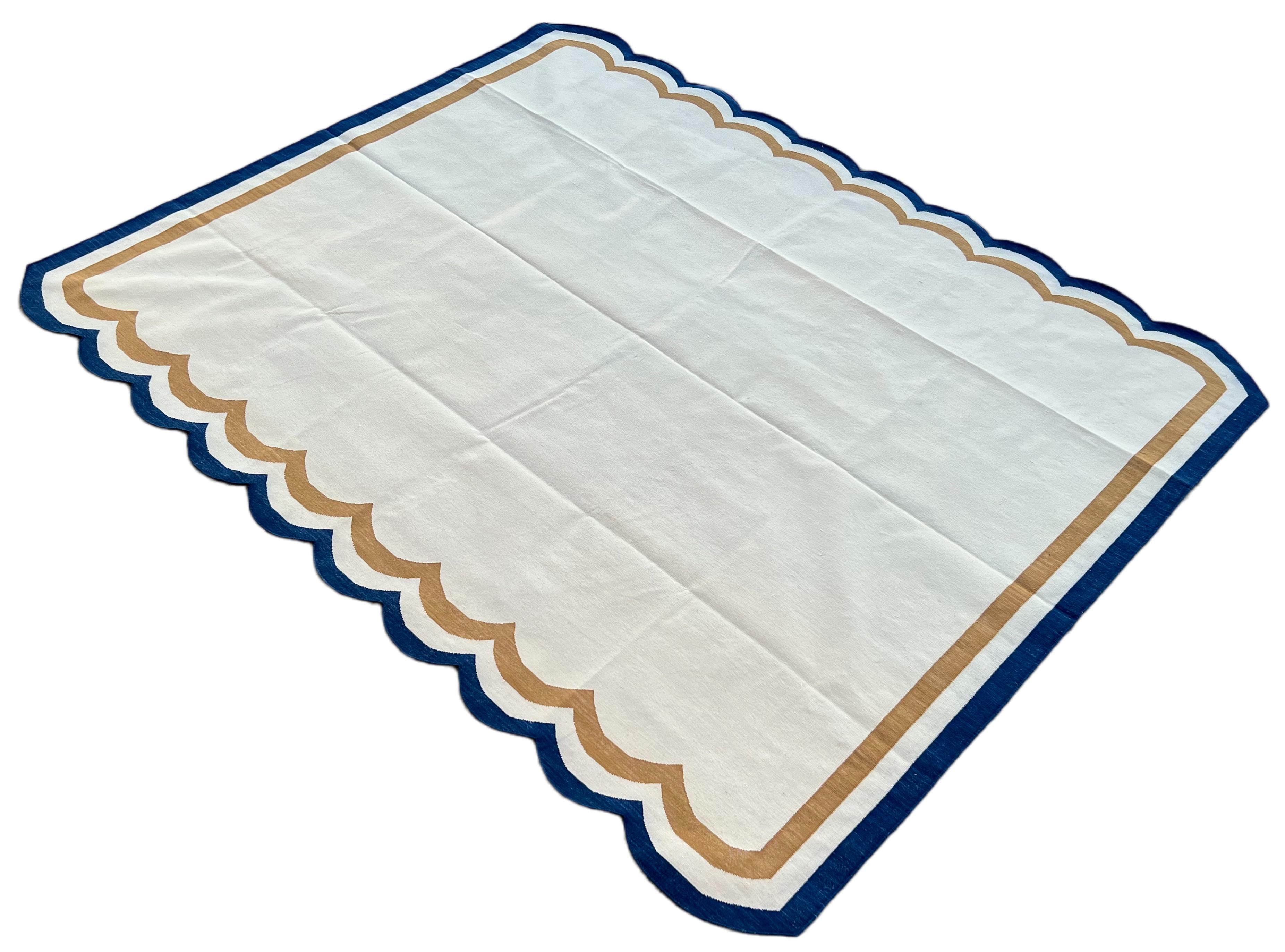 Handmade Cotton Area Flat Weave Rug, 8x10 Cream And Blue Scallop Striped Dhurrie For Sale 3