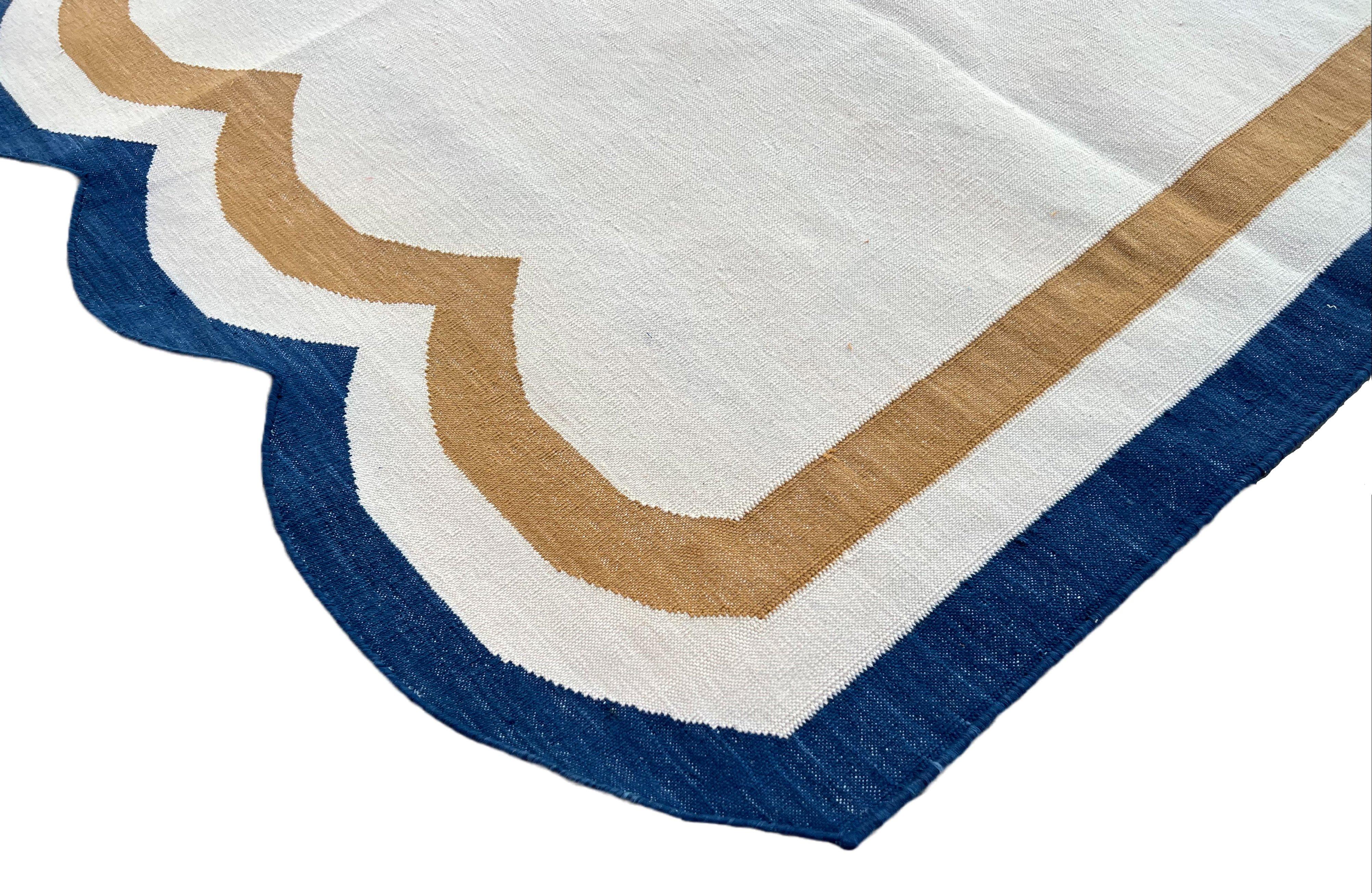 Mid-Century Modern Handmade Cotton Area Flat Weave Rug, 8x10 Cream And Blue Scallop Striped Dhurrie For Sale