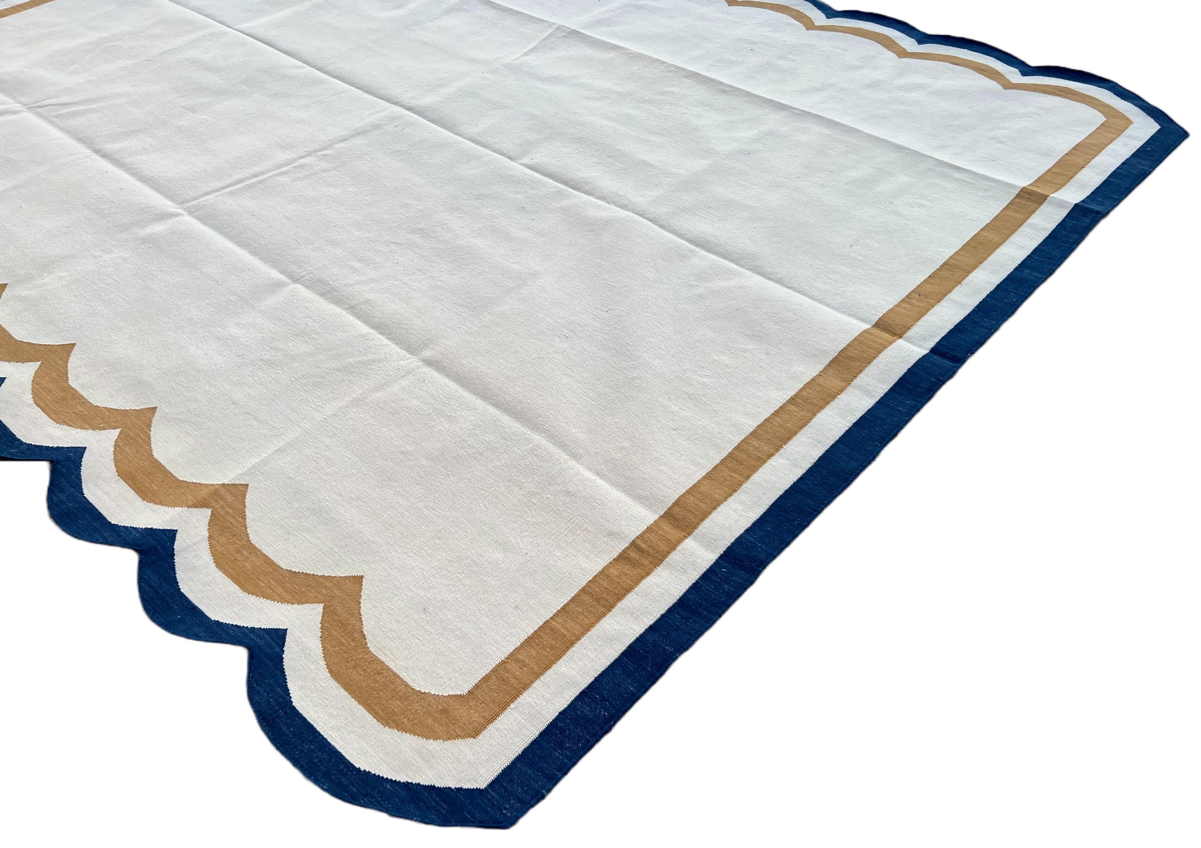 Indian Handmade Cotton Area Flat Weave Rug, 8x10 Cream And Blue Scallop Striped Dhurrie For Sale