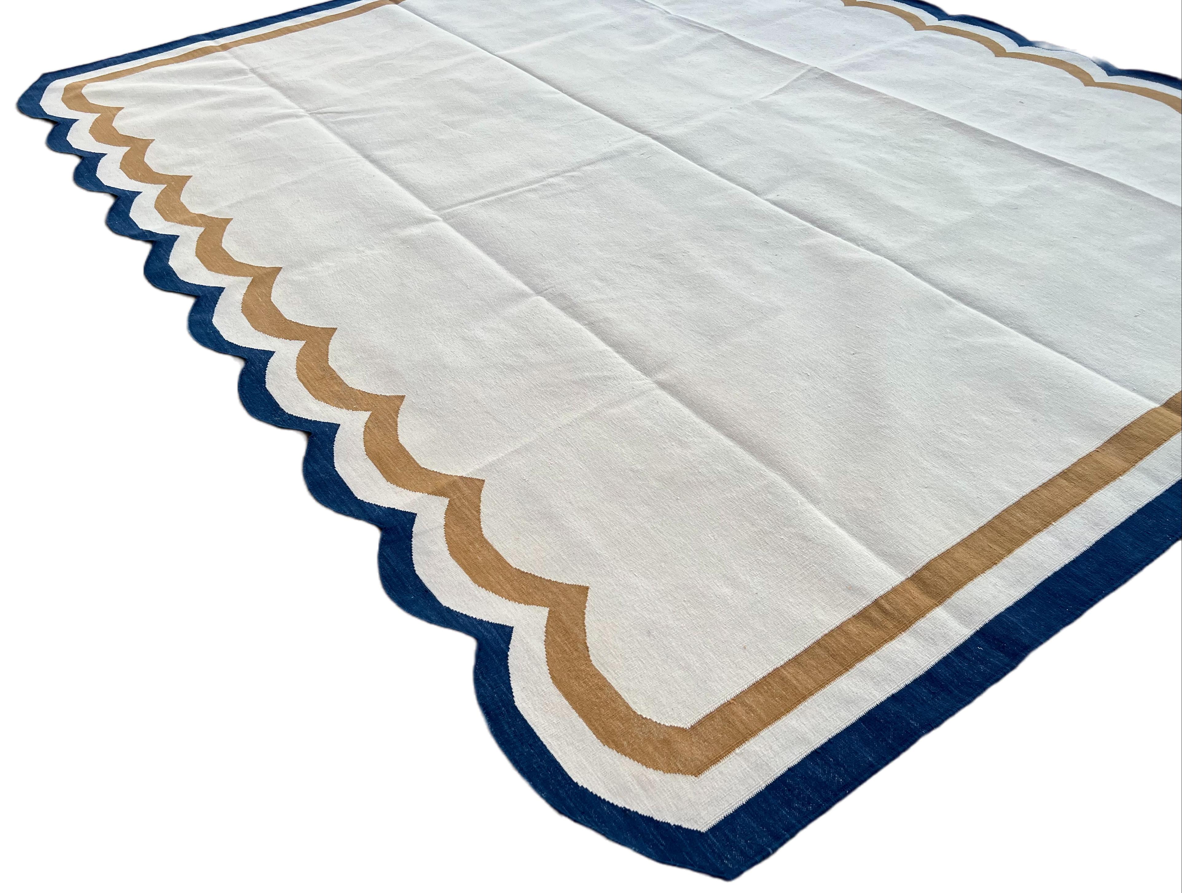 Hand-Woven Handmade Cotton Area Flat Weave Rug, 8x10 Cream And Blue Scallop Striped Dhurrie For Sale