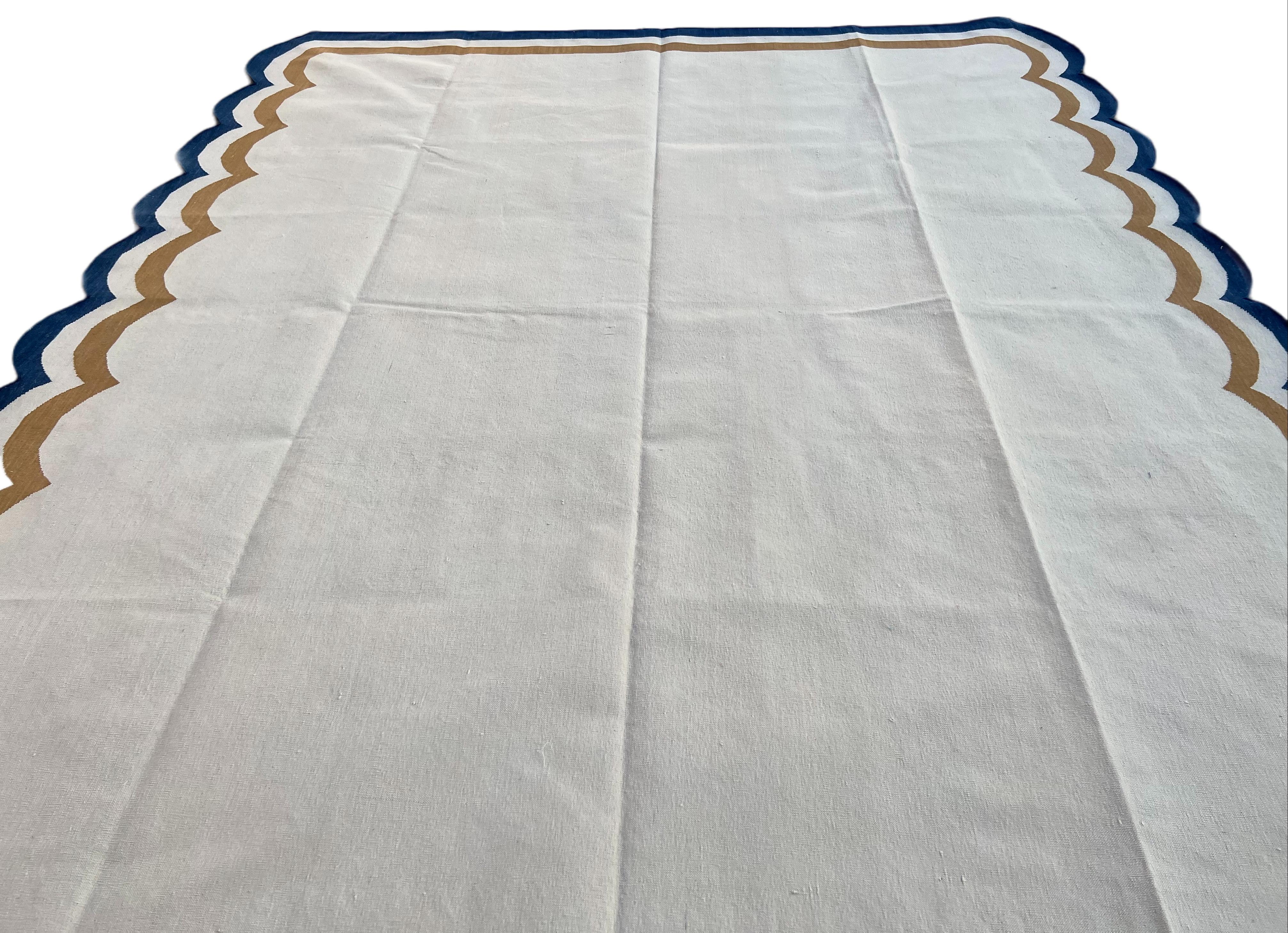 Contemporary Handmade Cotton Area Flat Weave Rug, 8x10 Cream And Blue Scallop Striped Dhurrie For Sale