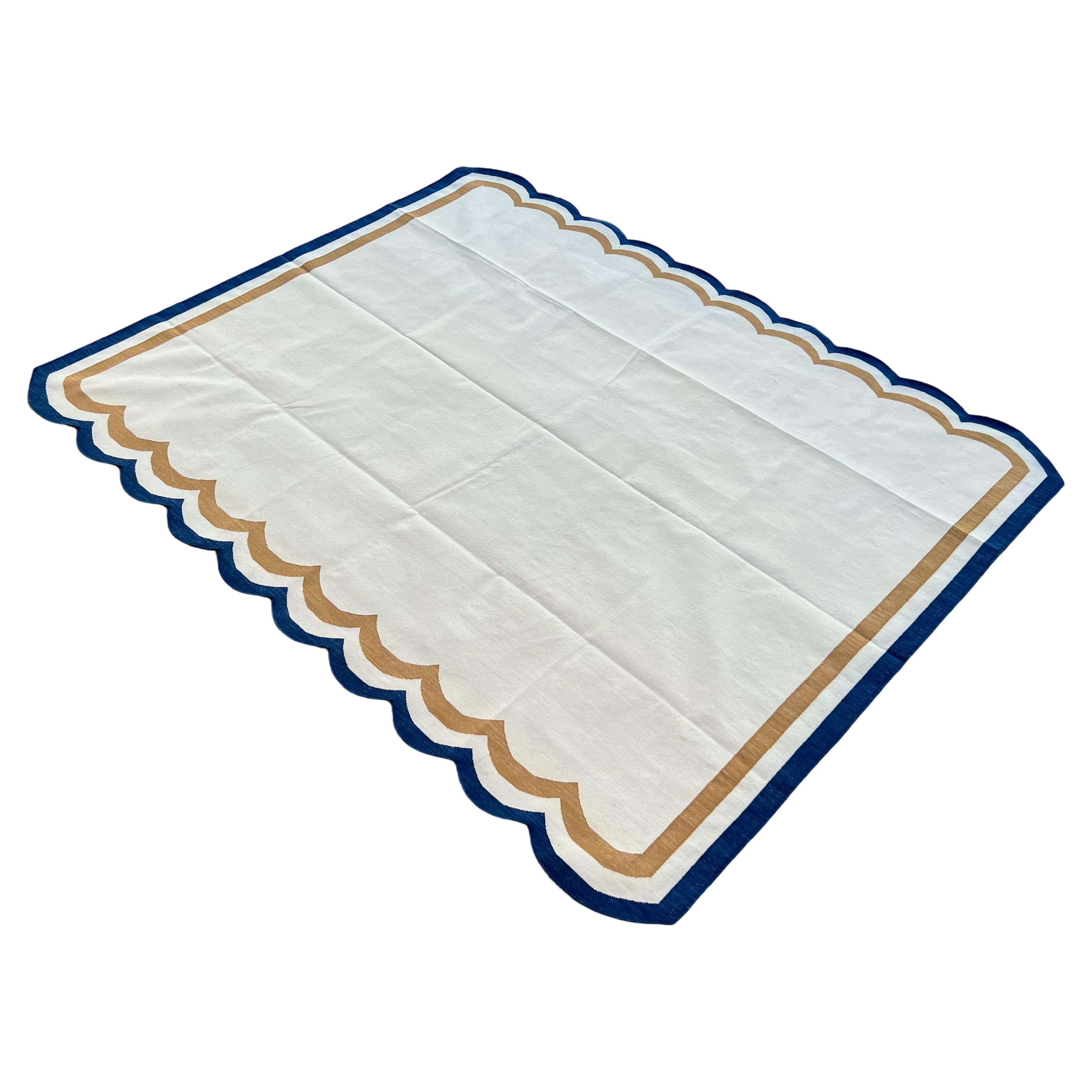 Handmade Cotton Area Flat Weave Rug, 8x10 Cream And Blue Scallop Striped Dhurrie For Sale