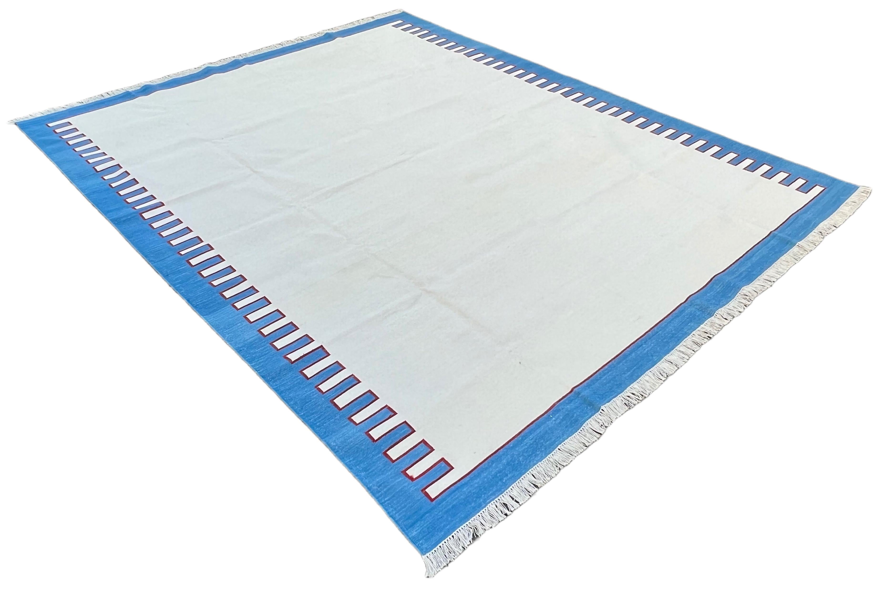 Handmade Cotton Area Flat Weave Rug, 8x10 Cream And Blue Zig Zag Striped Dhurrie For Sale 3