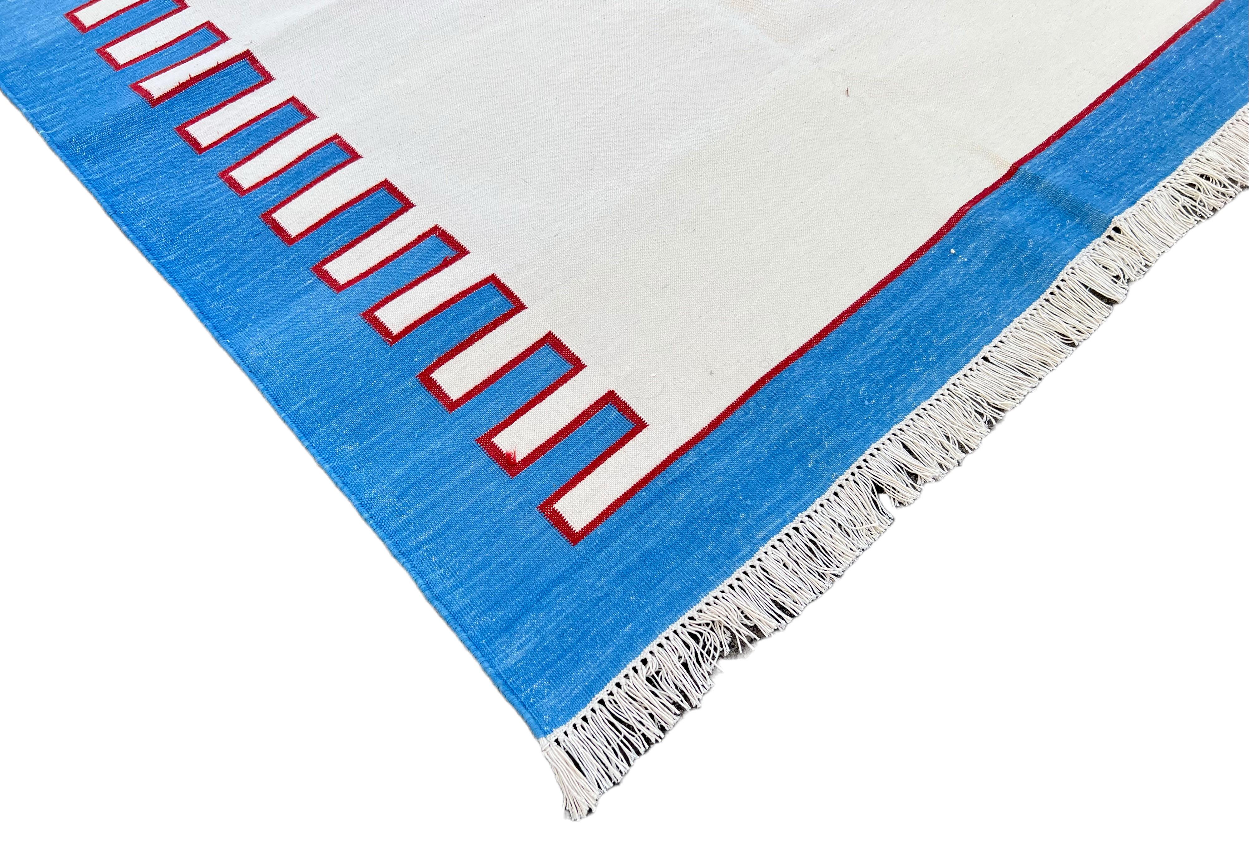 Cotton Natural Vegetable Dyed, Cream, Red & Blue Zig Zag Striped Indian Rug - 8'x10'
These special flat-weave dhurries are hand-woven with 15 ply 100% cotton yarn. Due to the special manufacturing techniques used to create our rugs, the size and