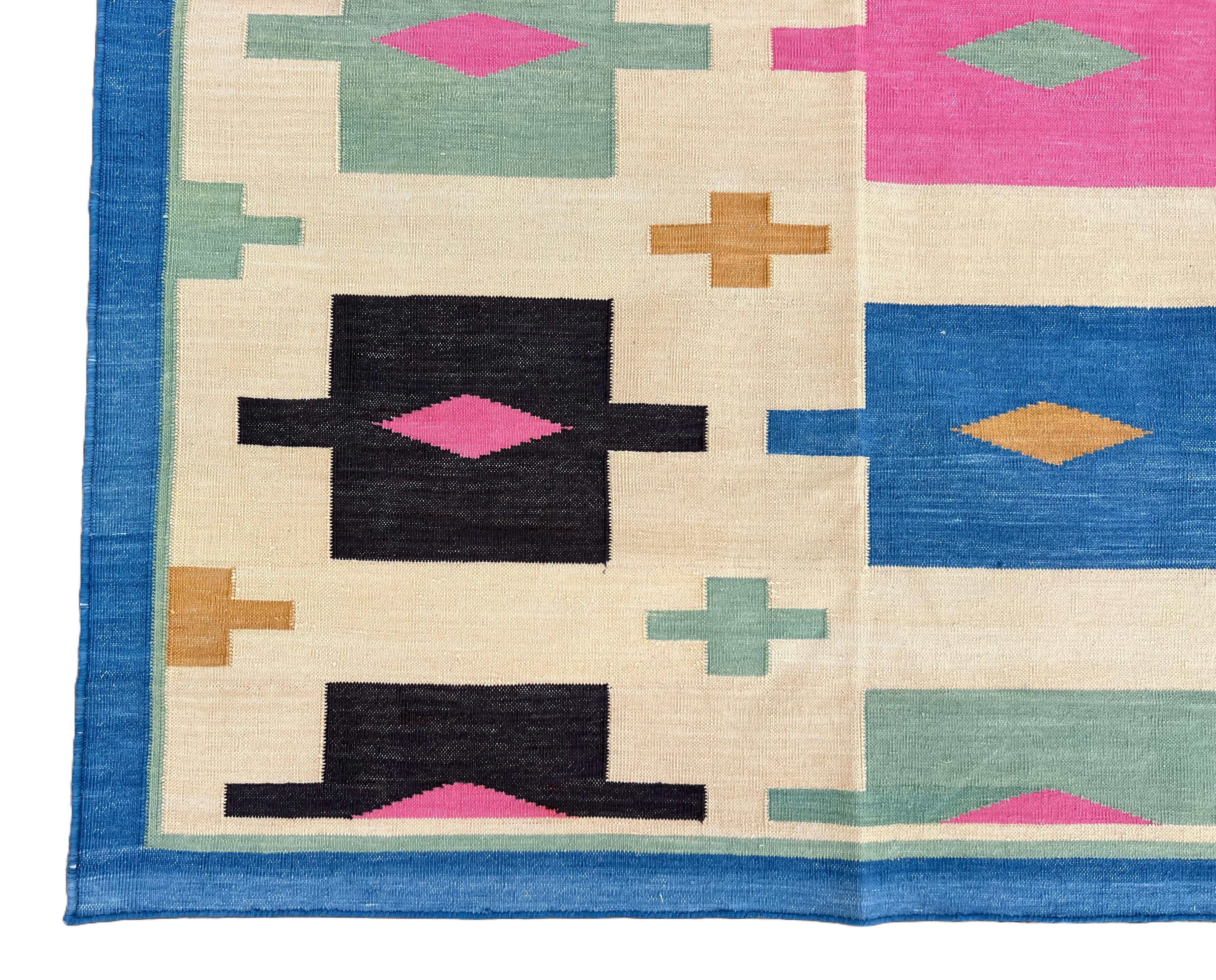 Handmade Cotton Area Flat Weave Rug, 8x10 Cream, Blue Geometric Indian Dhurrie For Sale 4