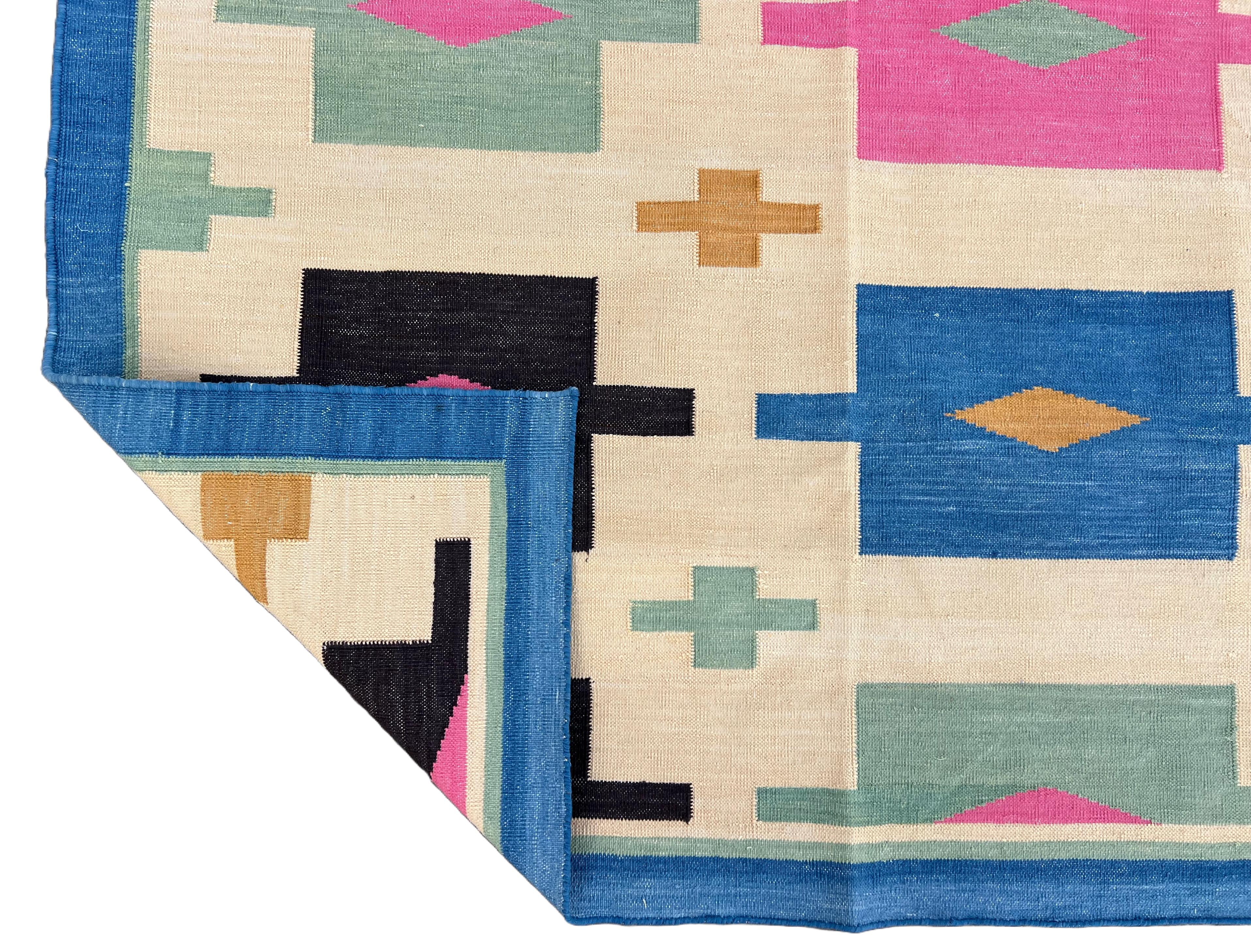 Handmade Cotton Area Flat Weave Rug, 8x10 Cream, Blue Geometric Indian Dhurrie For Sale 5