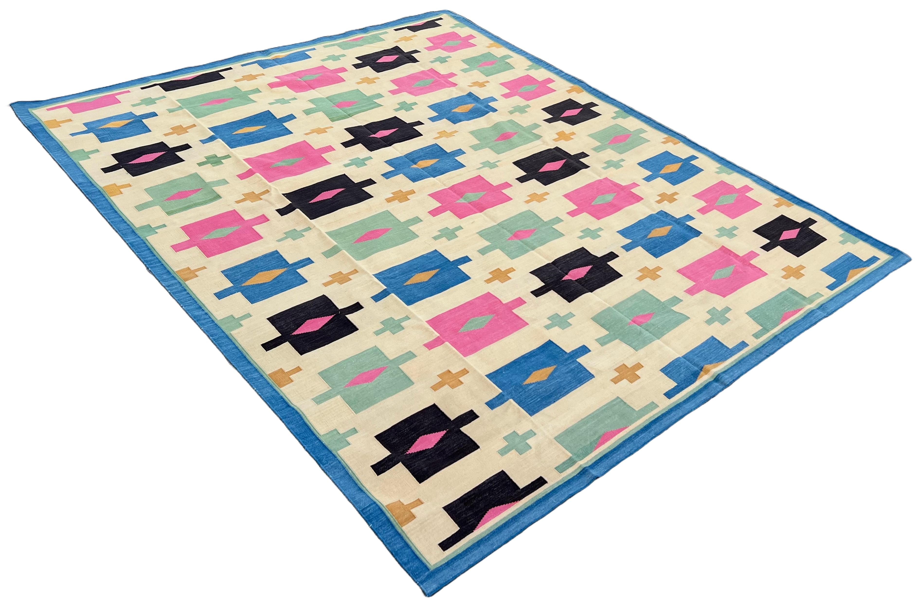Cotton Natural Vegetable Dyed Natural Cream, Blue, Pink And Green Geometric Rug-8'x10' (240x300cm)

These special flat-weave dhurries are hand-woven with 15 ply 100% cotton yarn. Due to the special manufacturing techniques used to create our rugs,
