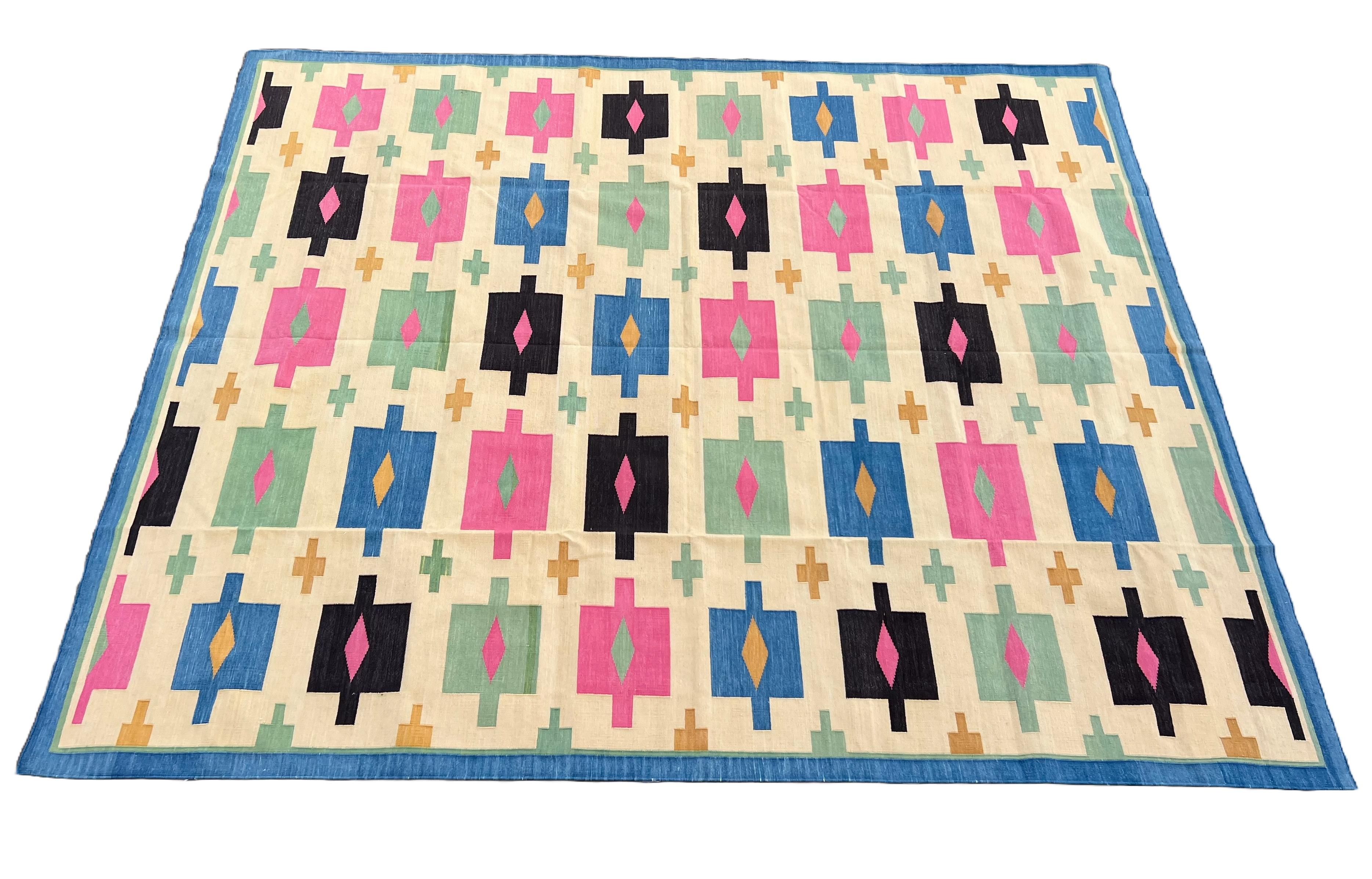 Mid-Century Modern Handmade Cotton Area Flat Weave Rug, 8x10 Cream, Blue Geometric Indian Dhurrie For Sale