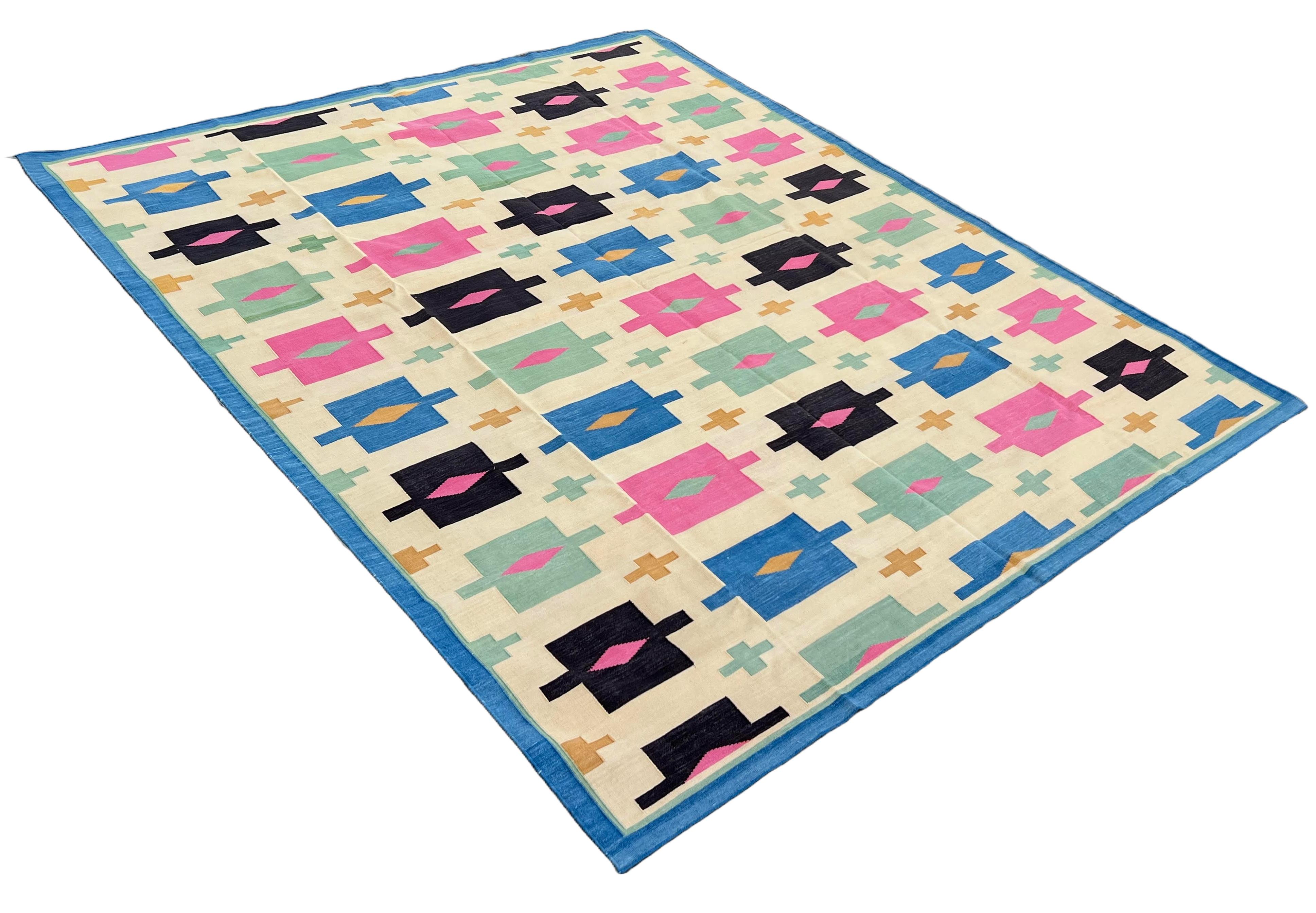 Hand-Woven Handmade Cotton Area Flat Weave Rug, 8x10 Cream, Blue Geometric Indian Dhurrie For Sale