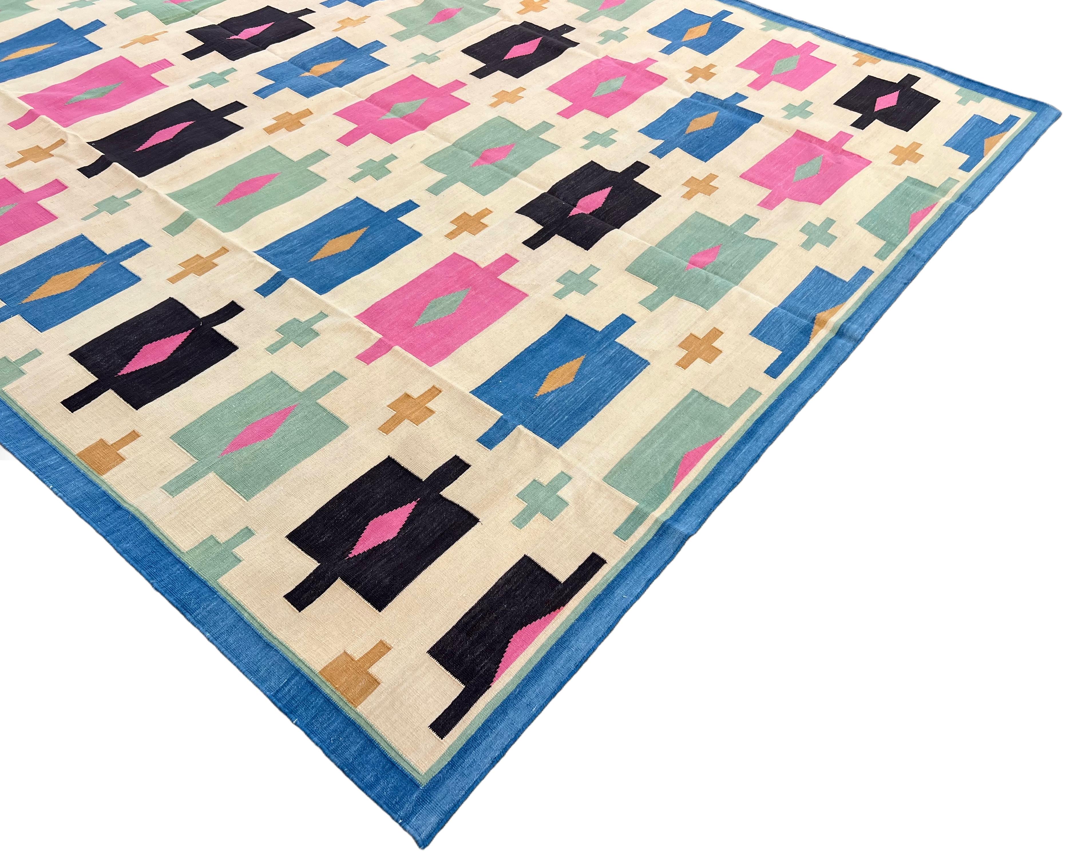 Contemporary Handmade Cotton Area Flat Weave Rug, 8x10 Cream, Blue Geometric Indian Dhurrie For Sale