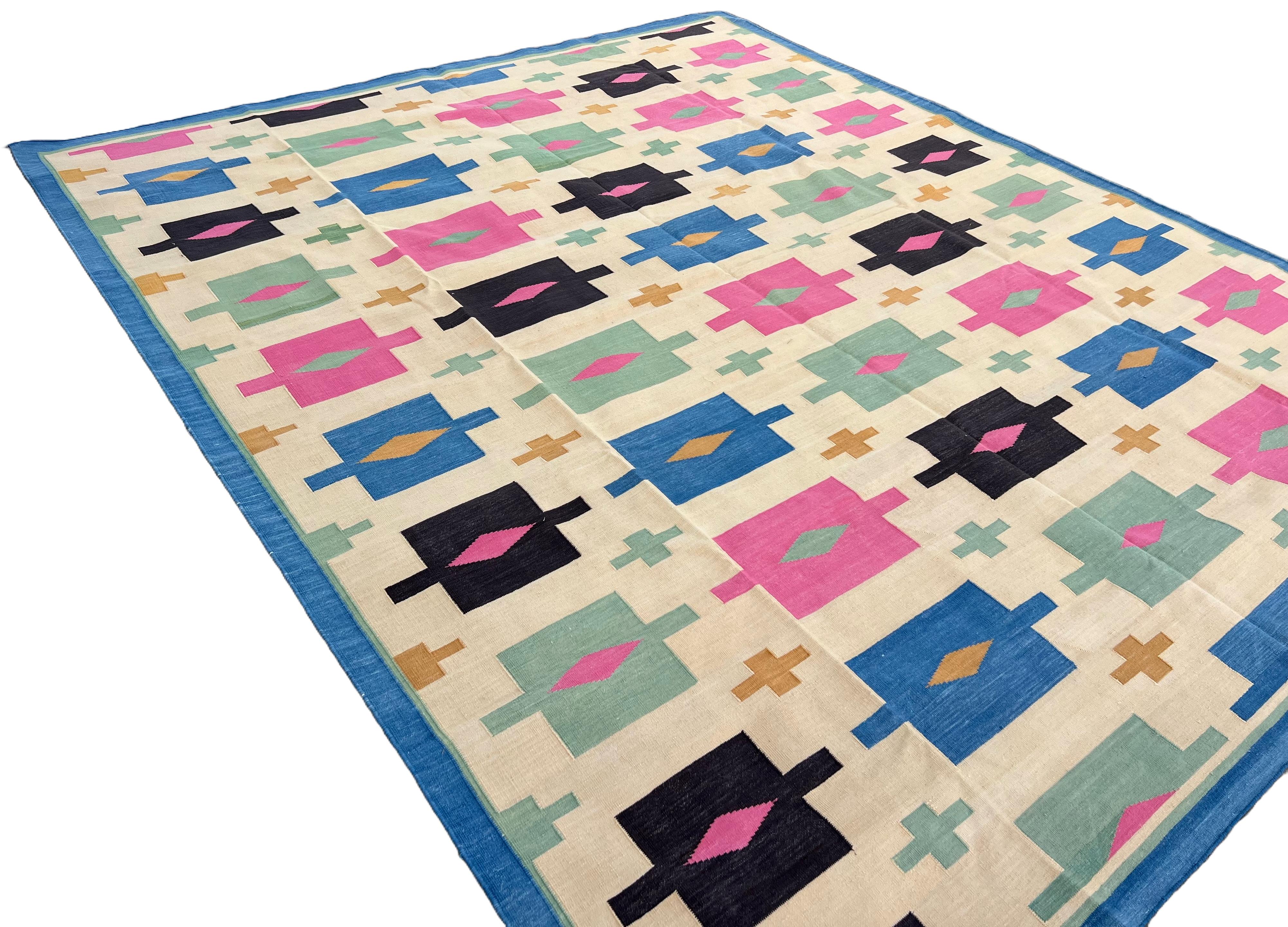 Handmade Cotton Area Flat Weave Rug, 8x10 Cream, Blue Geometric Indian Dhurrie For Sale 1