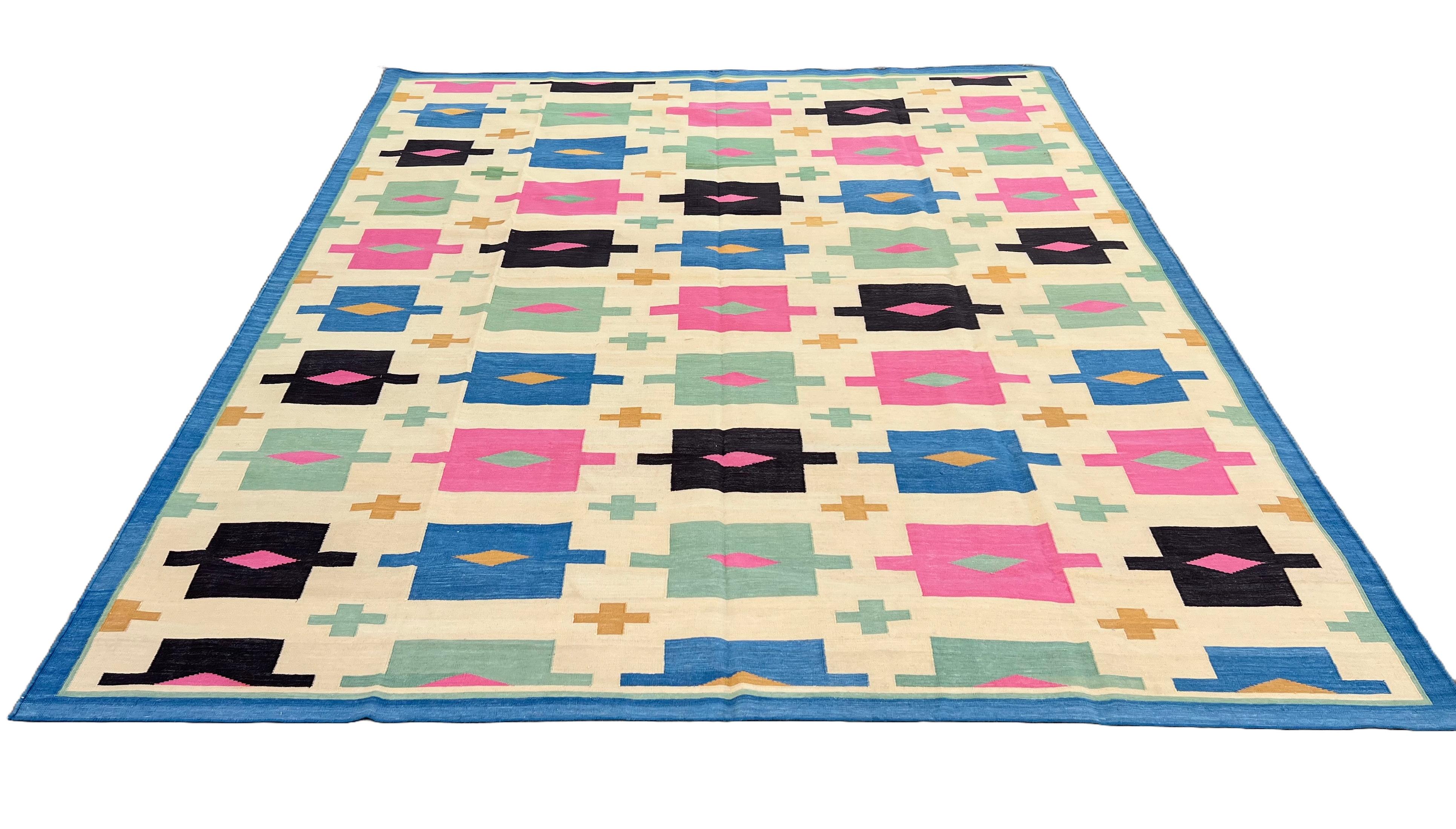 Handmade Cotton Area Flat Weave Rug, 8x10 Cream, Blue Geometric Indian Dhurrie For Sale 2