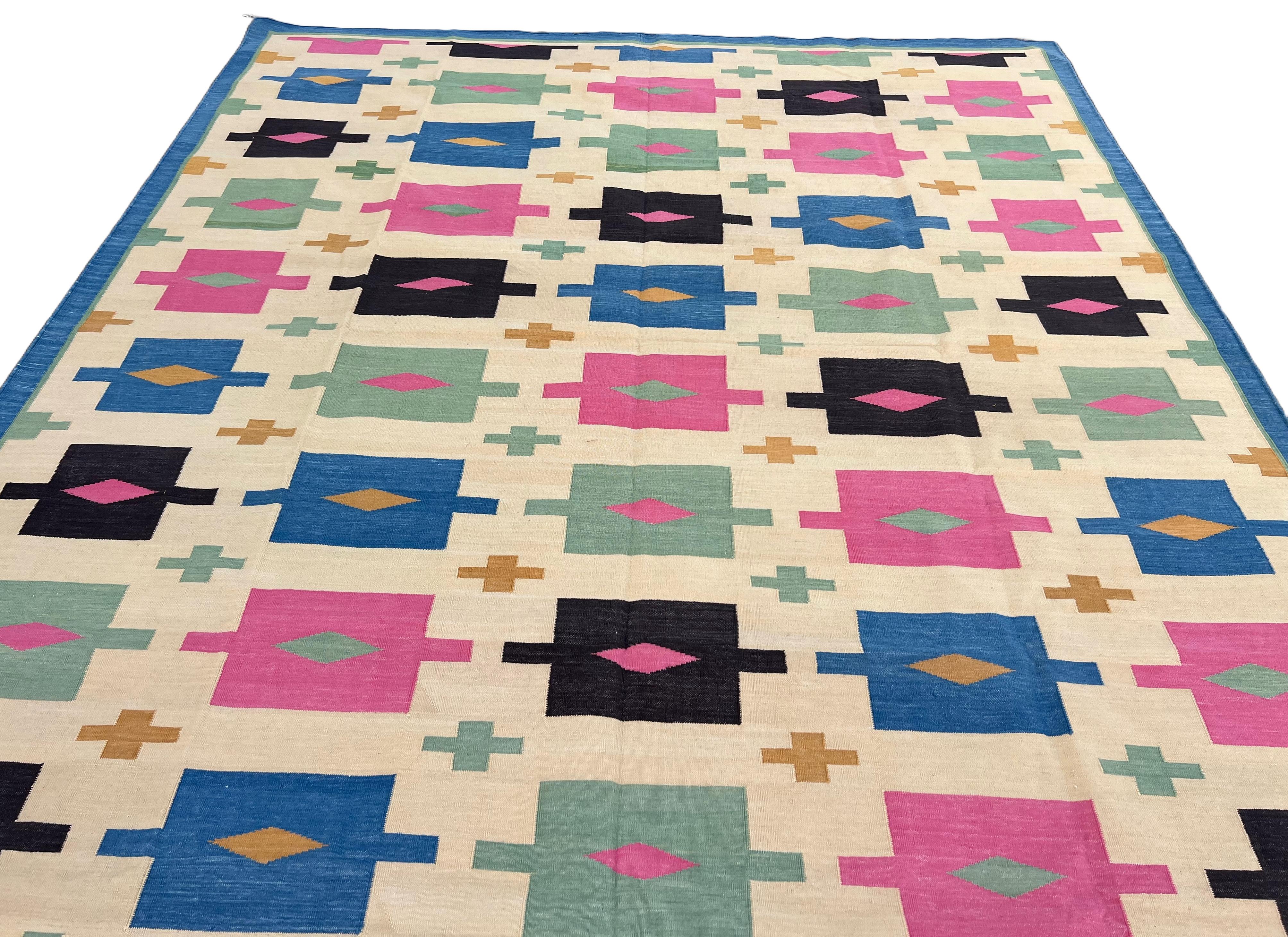 Handmade Cotton Area Flat Weave Rug, 8x10 Cream, Blue Geometric Indian Dhurrie For Sale 3