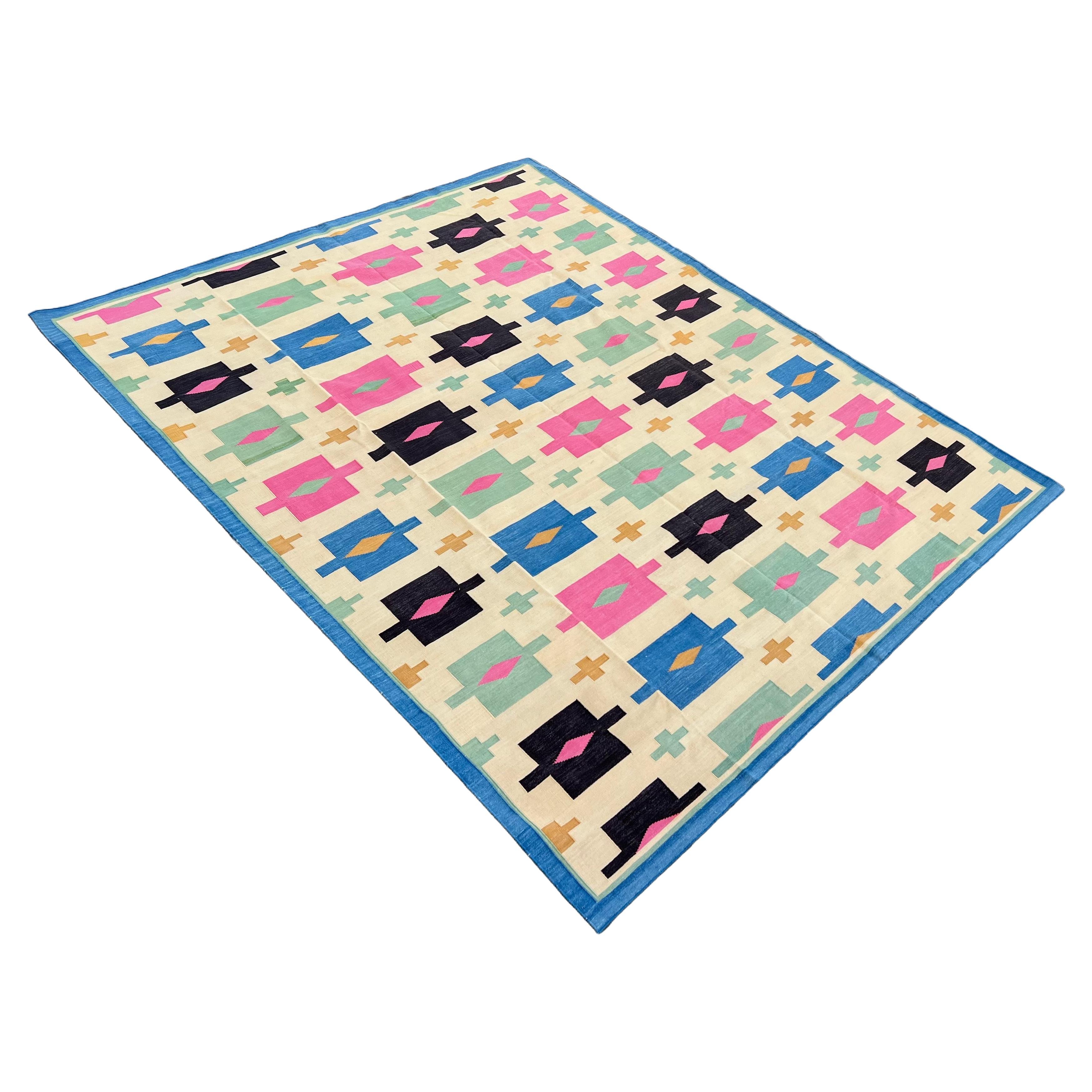Handmade Cotton Area Flat Weave Rug, 8x10 Cream, Blue Geometric Indian Dhurrie