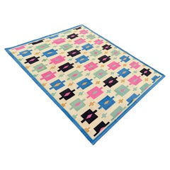 Tapis Dhurrie indien à tissage plat fait à la main, 8 x 10, crème, bleu géométrique