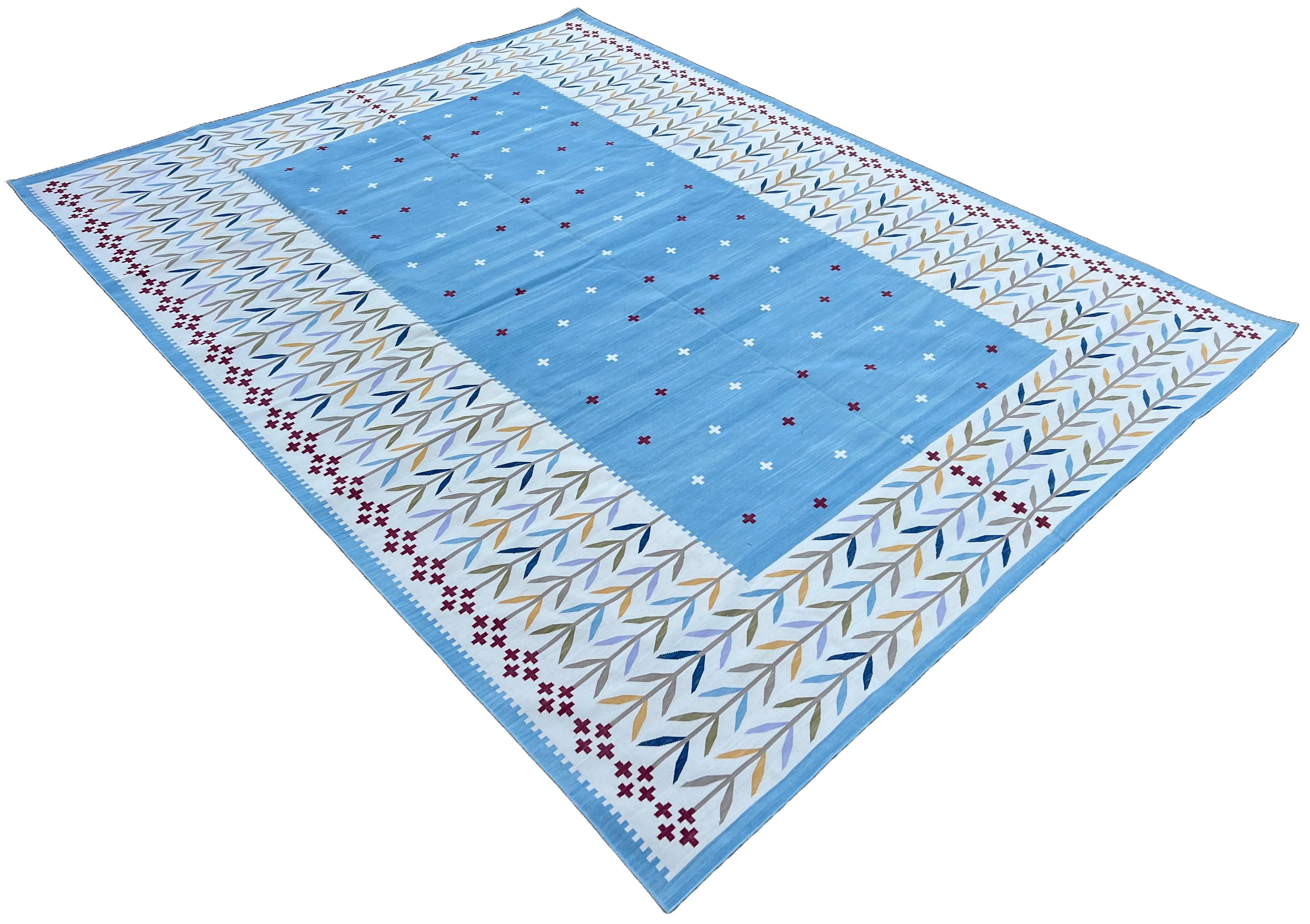 Hand-Woven Handmade Cotton Area Flat Weave Rug, 8x10 Cream, Blue, Red Leaf Indian Dhurrie For Sale