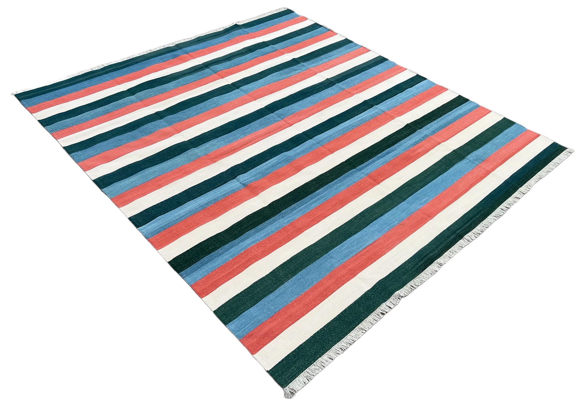 Handmade Cotton Area Flat Weave Rug, 8x10 Green And Blue Striped Indian Dhurrie For Sale 4