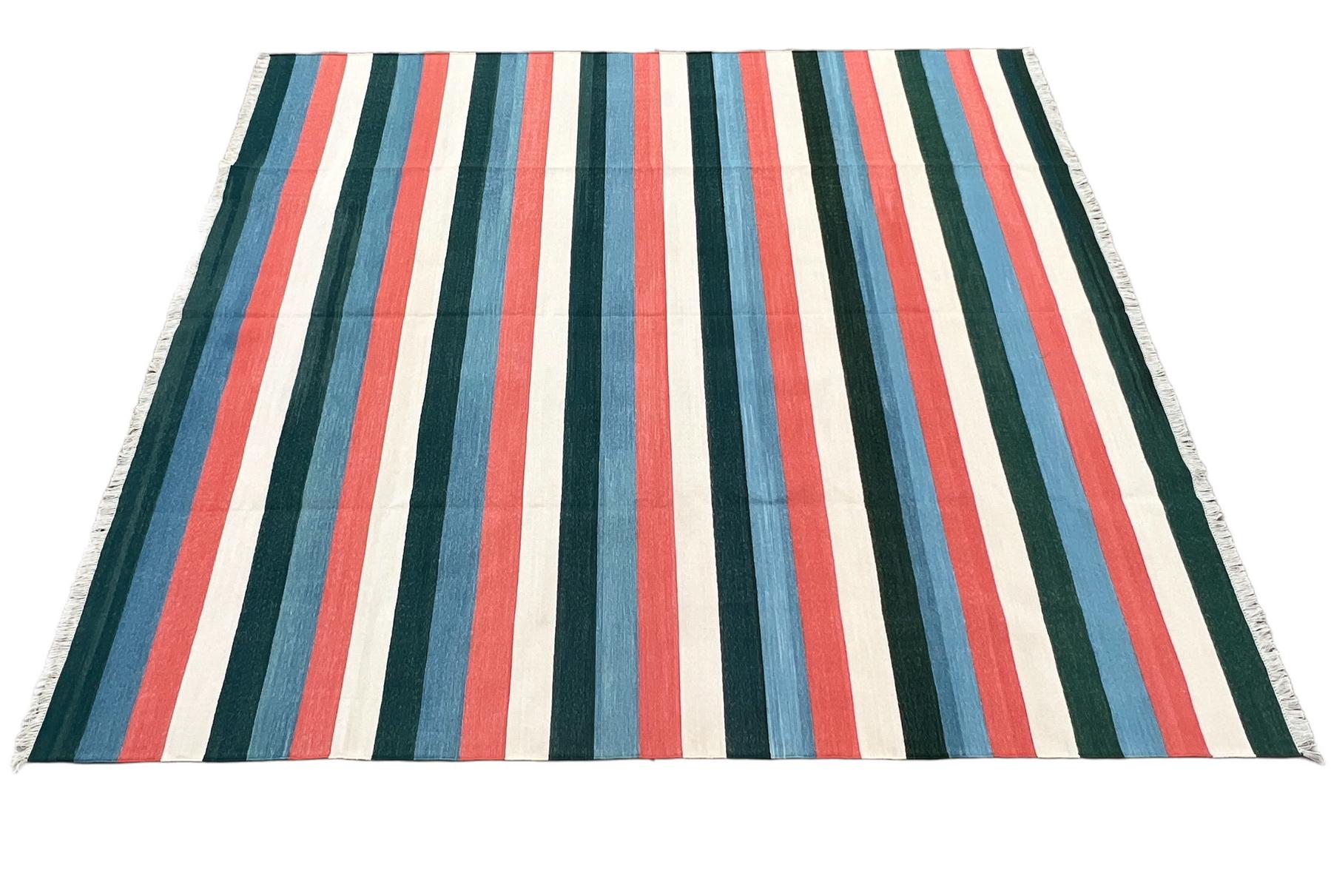 Handmade Cotton Area Flat Weave Rug, 8x10 Green And Blue Striped Indian Dhurrie For Sale 5
