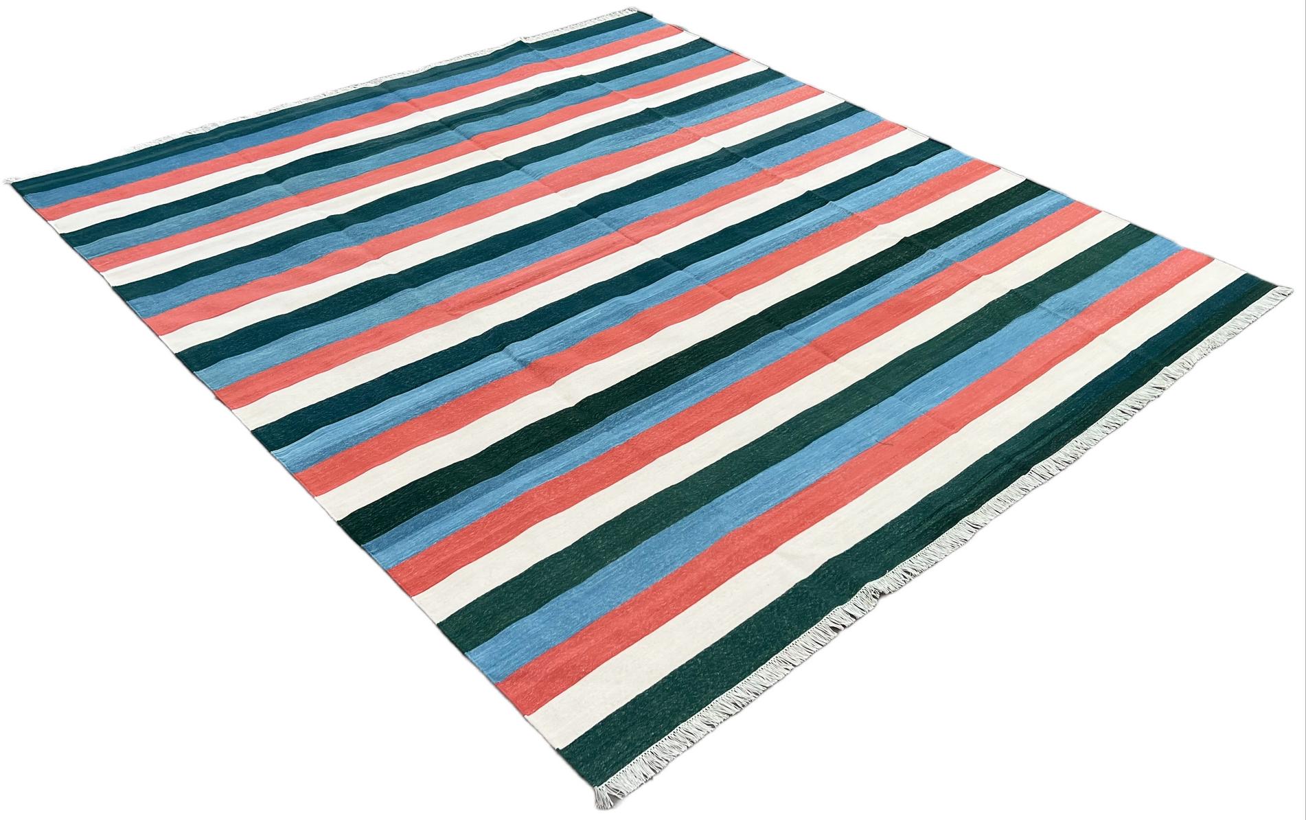 Cotton Vegetable Dyed Green, Blue, Coral And Cream Striped Indian Dhurrie Rug-8'x10' 

These special flat-weave dhurries are hand-woven with 15 ply 100% cotton yarn. Due to the special manufacturing techniques used to create our rugs, the size and