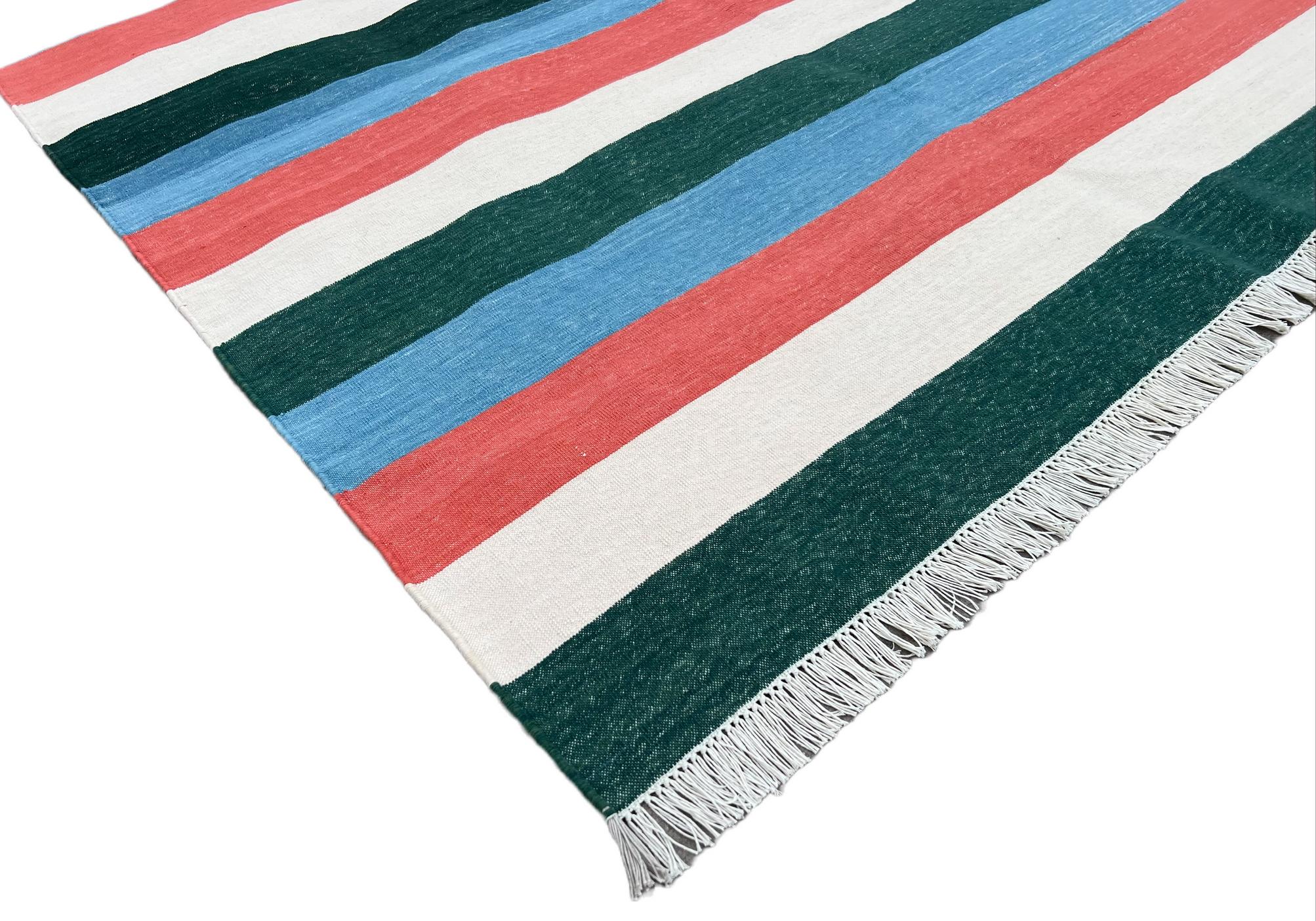 Mid-Century Modern Handmade Cotton Area Flat Weave Rug, 8x10 Green And Blue Striped Indian Dhurrie For Sale