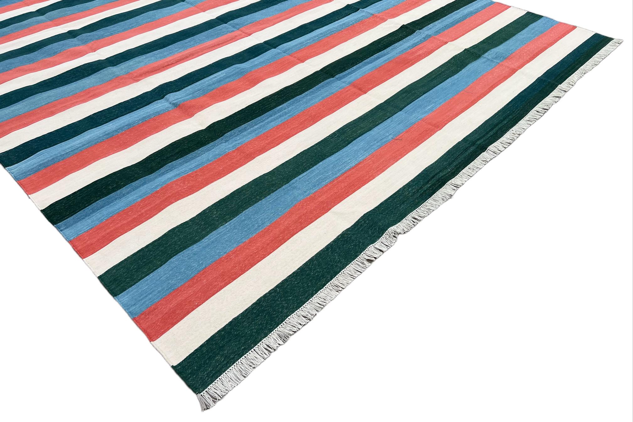 Hand-Woven Handmade Cotton Area Flat Weave Rug, 8x10 Green And Blue Striped Indian Dhurrie For Sale