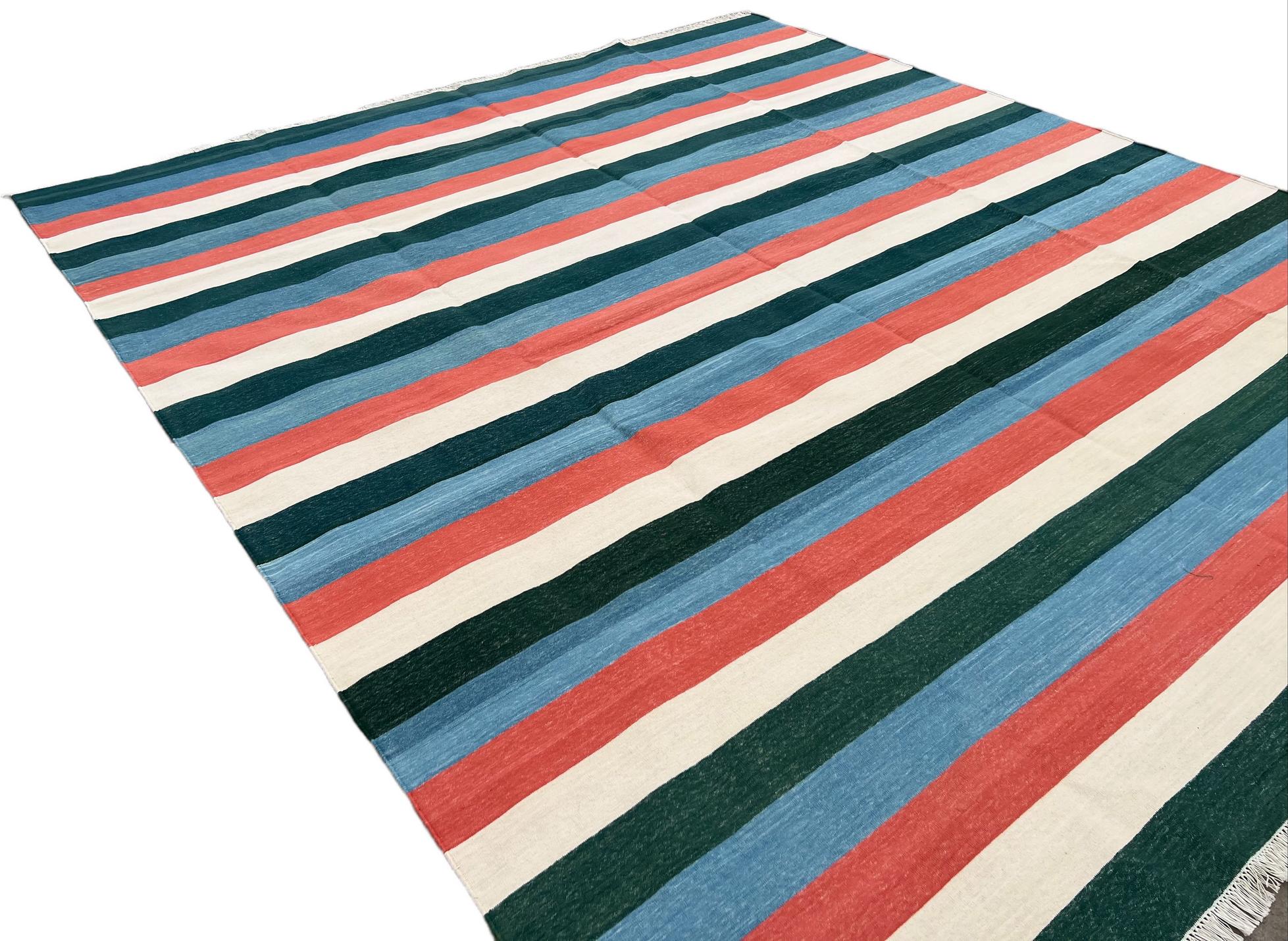 Handmade Cotton Area Flat Weave Rug, 8x10 Green And Blue Striped Indian Dhurrie In New Condition For Sale In Jaipur, IN