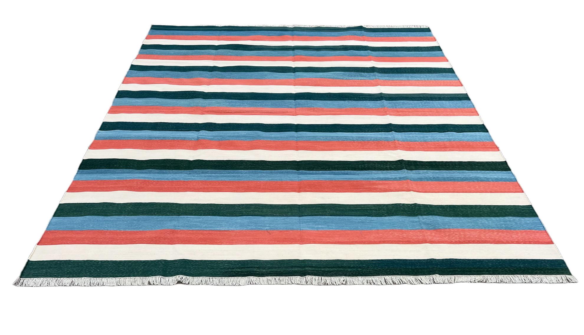 Contemporary Handmade Cotton Area Flat Weave Rug, 8x10 Green And Blue Striped Indian Dhurrie For Sale