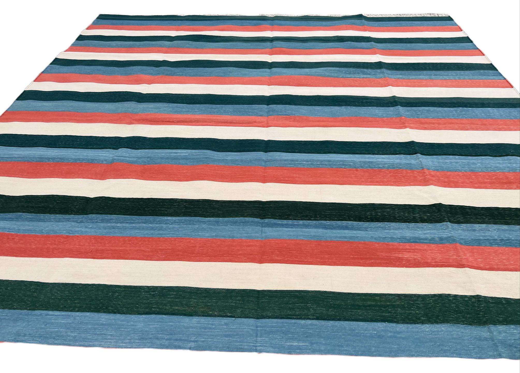 Handmade Cotton Area Flat Weave Rug, 8x10 Green And Blue Striped Indian Dhurrie For Sale 1