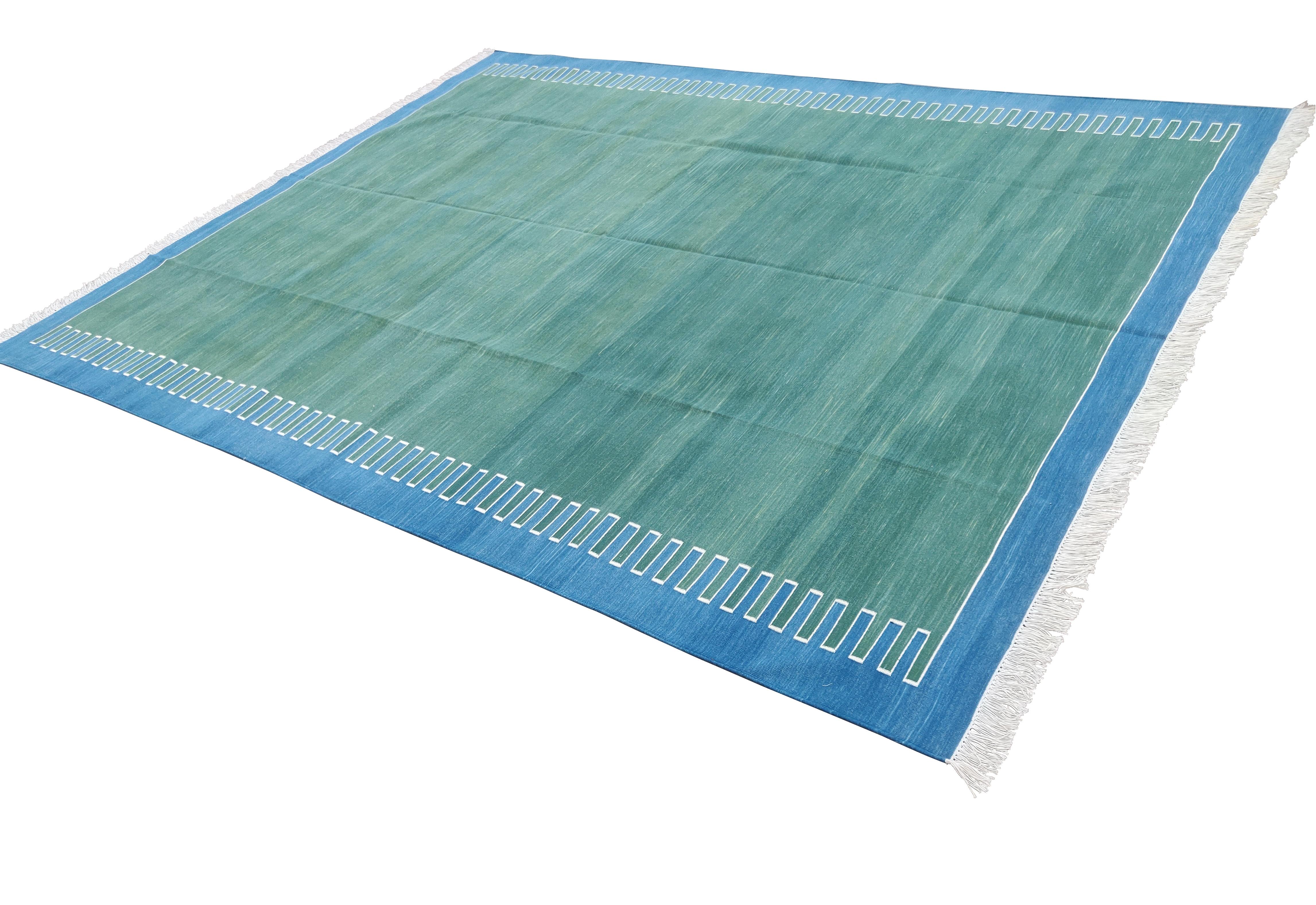 Handmade Cotton Area Flat Weave Rug, 8x10 Green And Blue Zig Zag Striped Dhurrie For Sale 1
