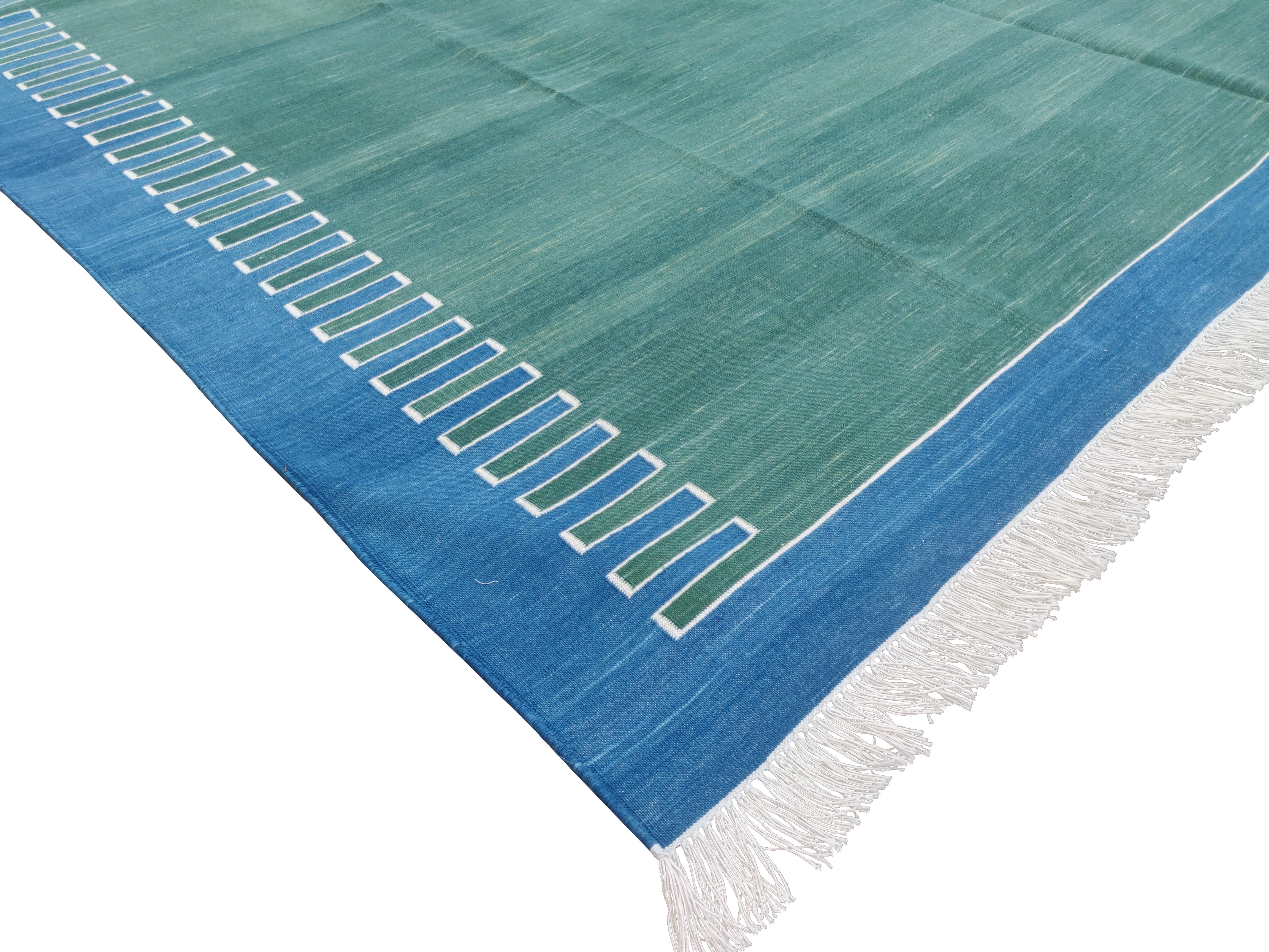 Mid-Century Modern Handmade Cotton Area Flat Weave Rug, 8x10 Green And Blue Zig Zag Striped Dhurrie For Sale